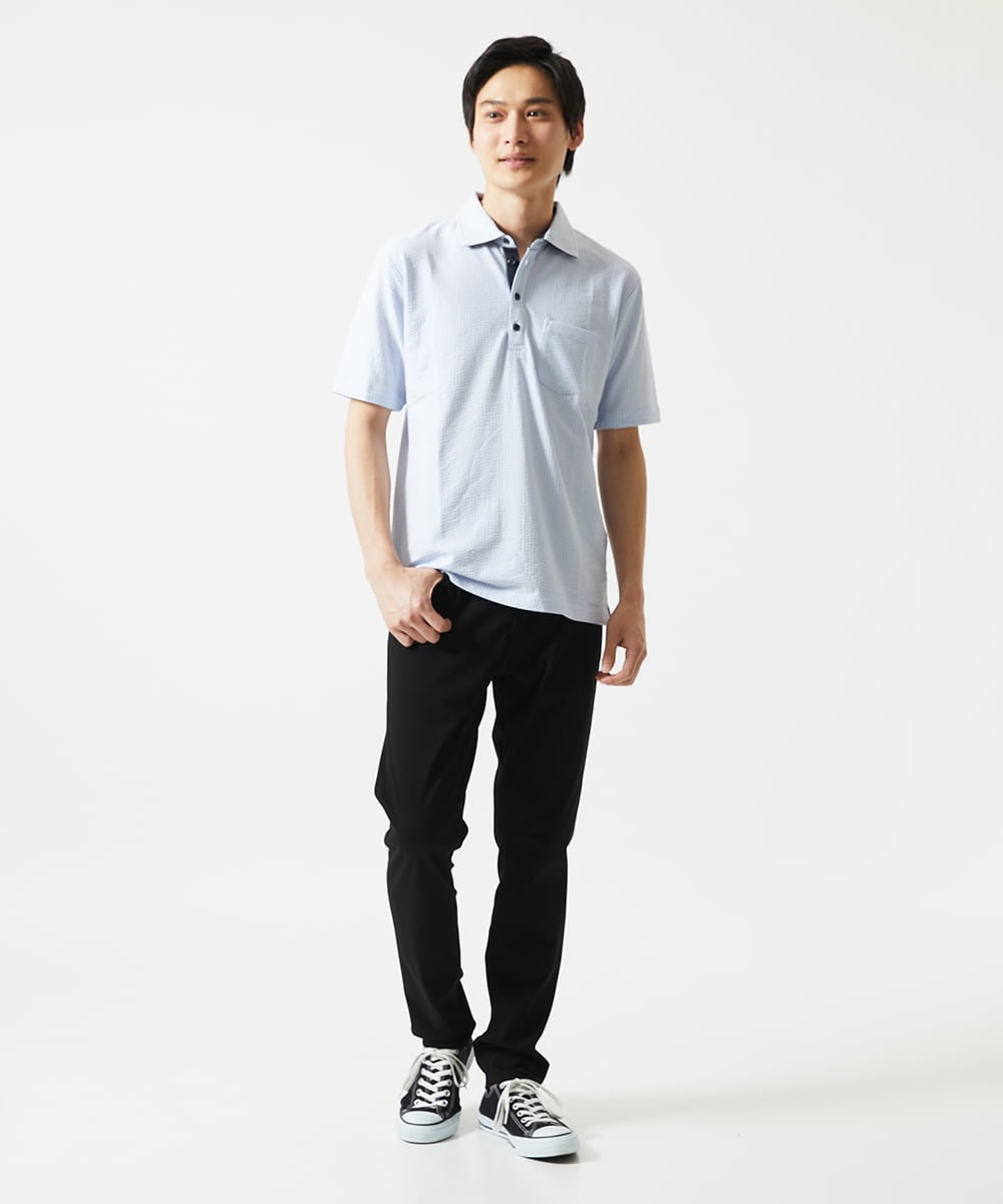 MKKGC32090 MK MICHEL KLEIN HOMME(MKミッシェルクランオム) 【残りわずか/洗える】ストライプサッカーポロシャツ  ライトブルー