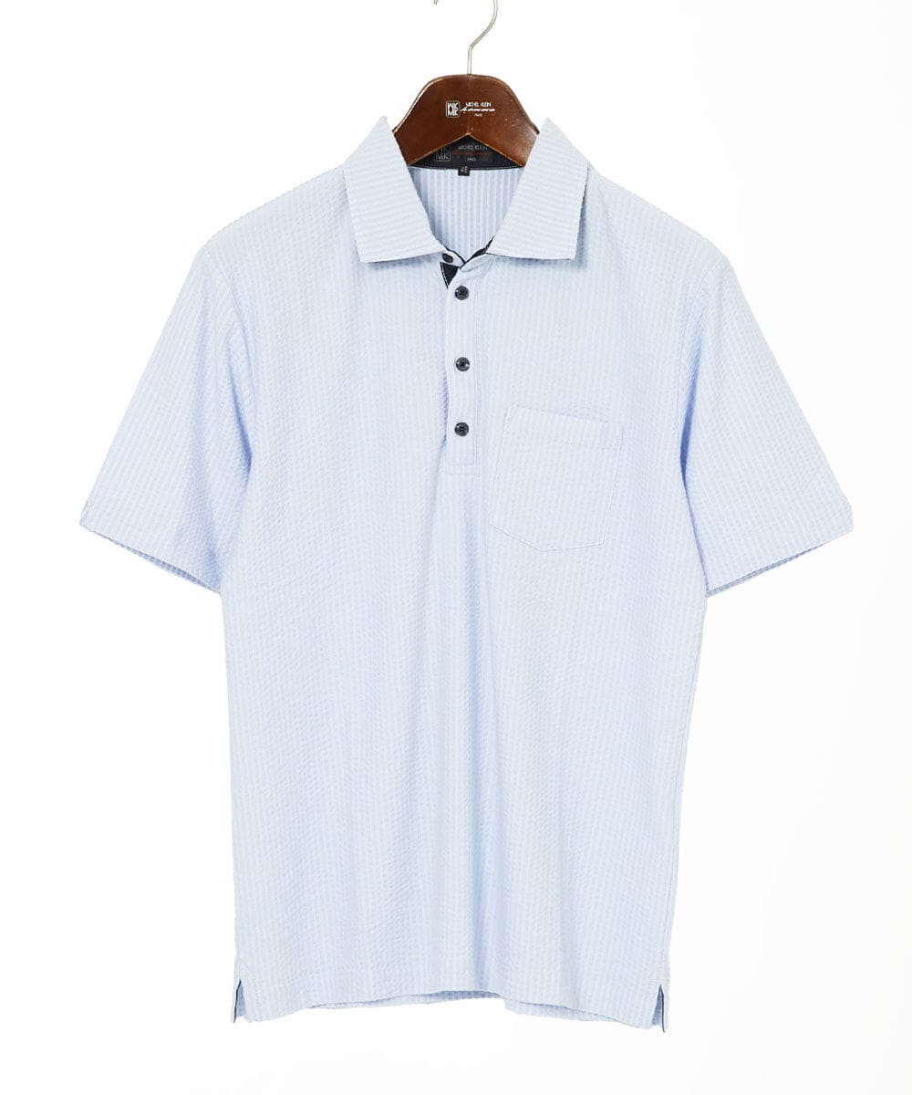 MKKGC32090 MK MICHEL KLEIN HOMME(MKミッシェルクランオム) 【残りわずか/洗える】ストライプサッカーポロシャツ  ライトブルー