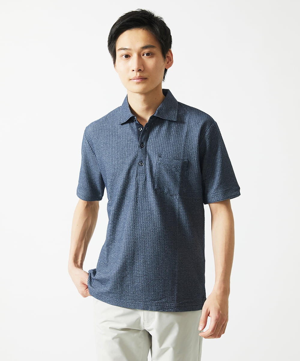 MKKGC32090 MK MICHEL KLEIN HOMME(MKミッシェルクランオム) 【残りわずか/洗える】ストライプサッカーポロシャツ  ブルー