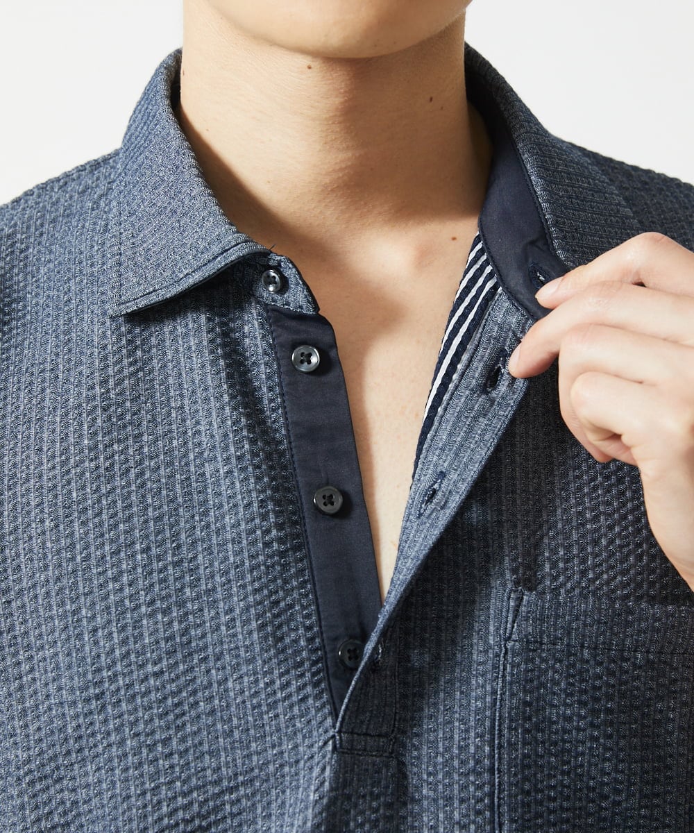 MKKGC32090 MK MICHEL KLEIN HOMME(MKミッシェルクランオム) 【残りわずか/洗える】ストライプサッカーポロシャツ  ブルー