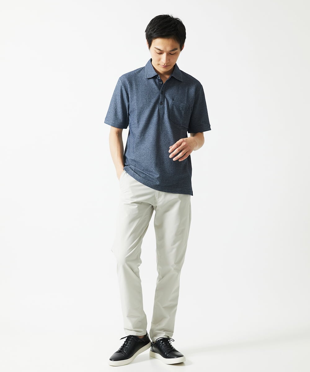 MKKGC32090 MK MICHEL KLEIN HOMME(MKミッシェルクランオム) 【残りわずか/洗える】ストライプサッカーポロシャツ  ブルー