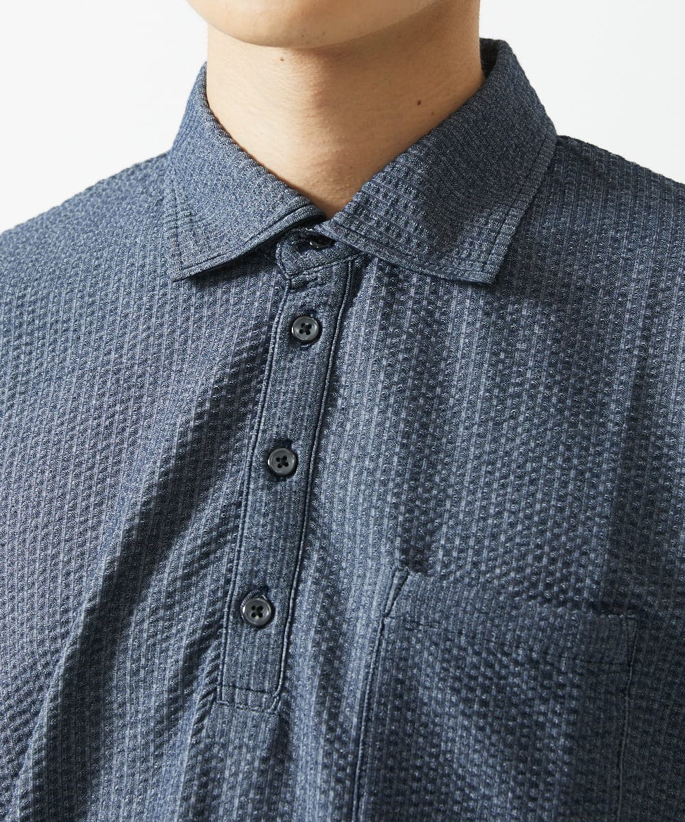 MKKGC32090 MK MICHEL KLEIN HOMME(MKミッシェルクランオム) 【残りわずか/洗える】ストライプサッカーポロシャツ  ブルー