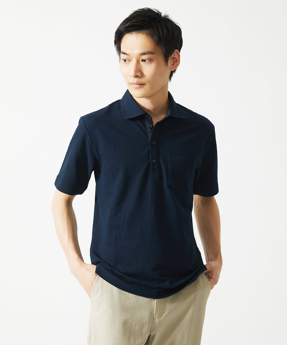 MKKGC32090 MK MICHEL KLEIN HOMME(MKミッシェルクランオム) 【残りわずか/洗える】ストライプサッカーポロシャツ  ネイビー