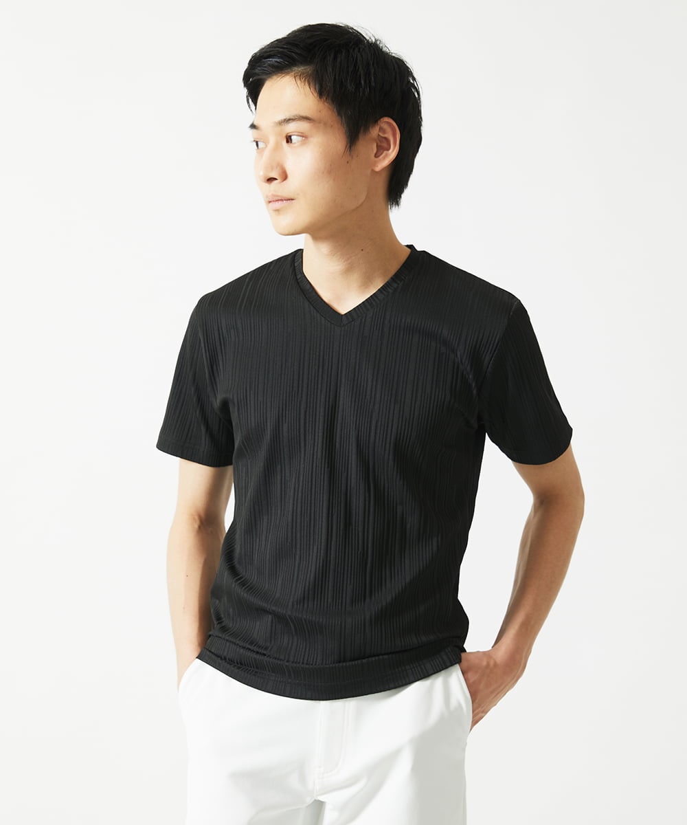 MKKHA72079 MK MICHEL KLEIN HOMME(MKミッシェルクランオム) 【残りわずか／洗える】3ＤストライプテレコＶネックＴシャツ ブラック
