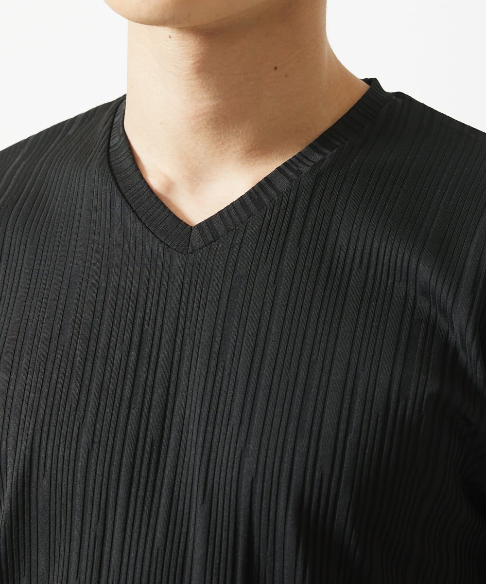MKKHA72079 MK MICHEL KLEIN HOMME(MKミッシェルクランオム) 【残りわずか／洗える】3ＤストライプテレコＶネックＴシャツ ブラック