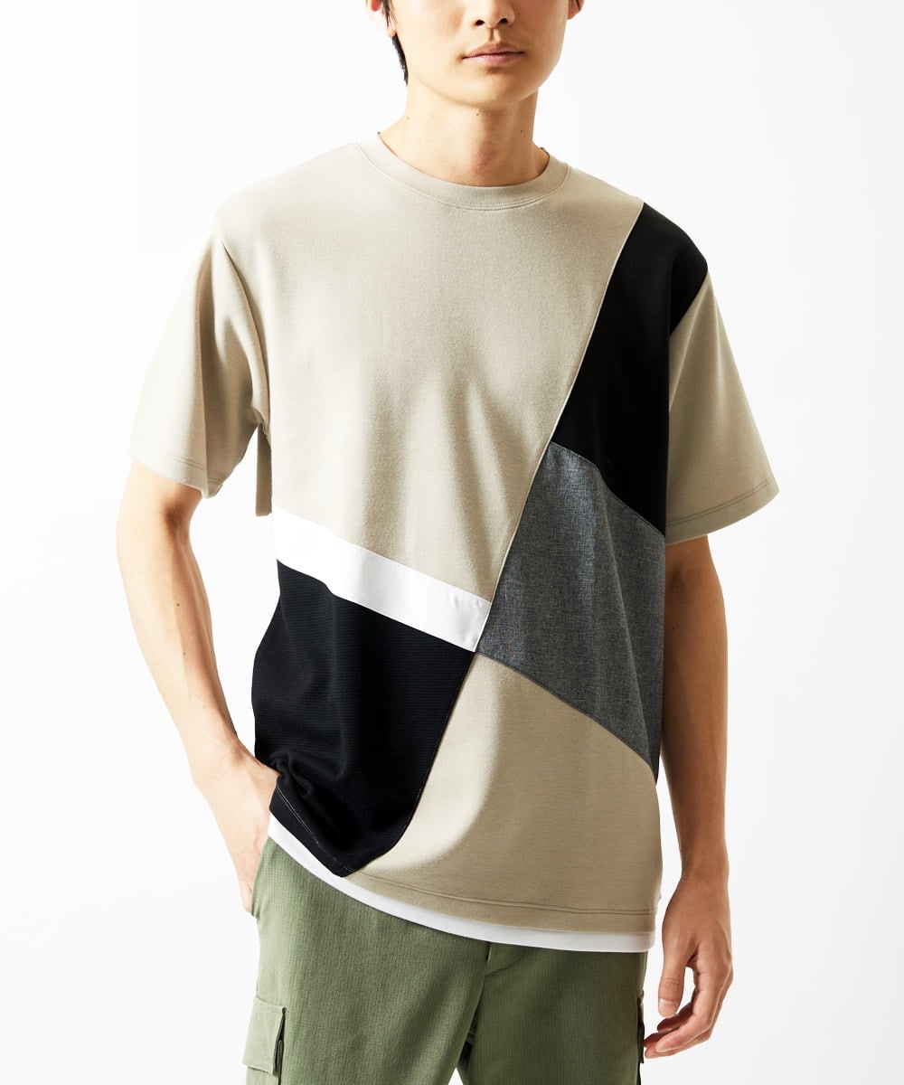 MKKHC80054 MK MICHEL KLEIN HOMME(MKミッシェルクランオム)  【接触冷感】COOLタッチブロックTシャツ  アイボリー