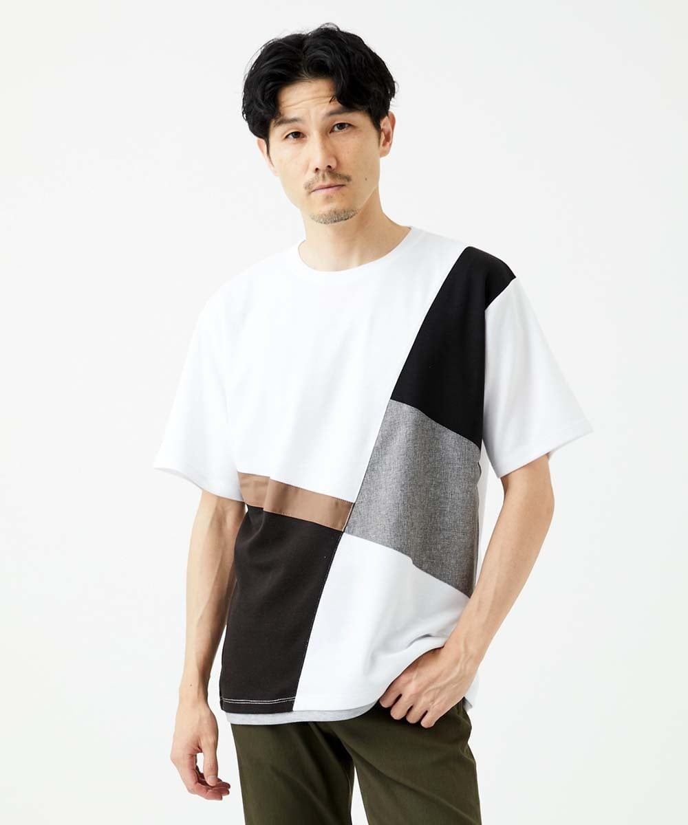 MKKHC80054 MK MICHEL KLEIN HOMME(MKミッシェルクランオム)  【接触冷感】COOLタッチブロックTシャツ  ホワイト