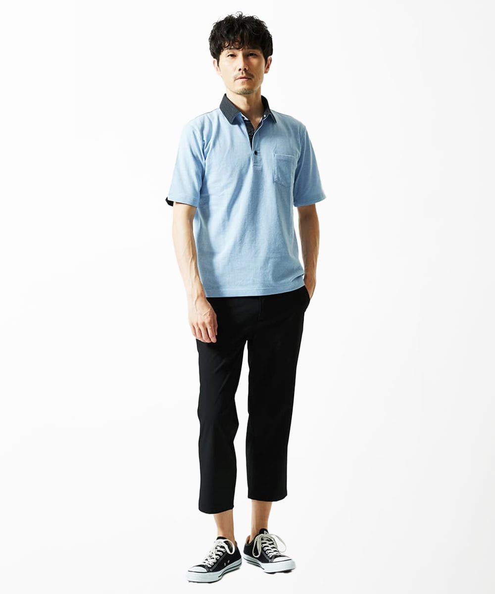 MKKIA53110 MK MICHEL KLEIN HOMME(MKミッシェルクランオム) 【残りわずか】ブラックストライプカラーポロシャツ ライトブルー