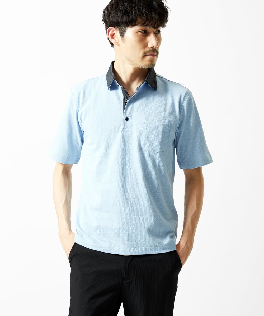 MKKIA53110 MK MICHEL KLEIN HOMME(MKミッシェルクランオム) 【残りわずか】ブラックストライプカラーポロシャツ ライトブルー