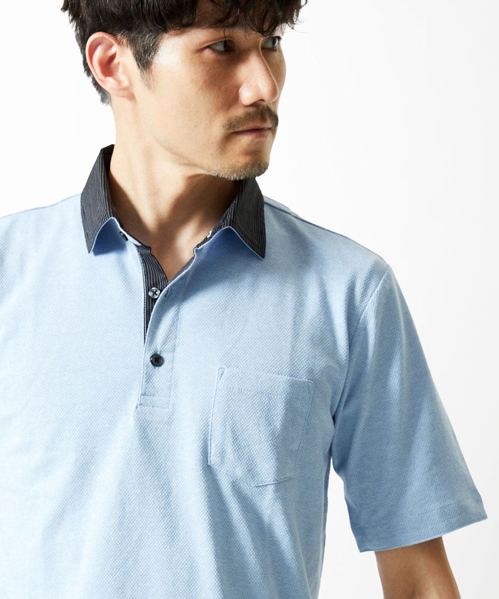 MKKIA53110 MK MICHEL KLEIN HOMME(MKミッシェルクランオム) 【残りわずか】ブラックストライプカラーポロシャツ ライトブルー