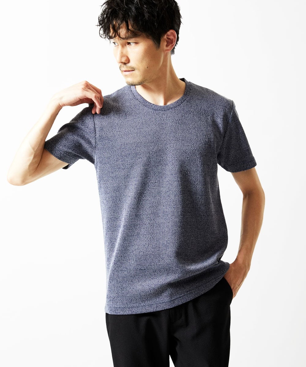 MKKIC18059 MK MICHEL KLEIN HOMME(MKミッシェルクランオム) 【洗える】ワッフルカットソー ネイビー