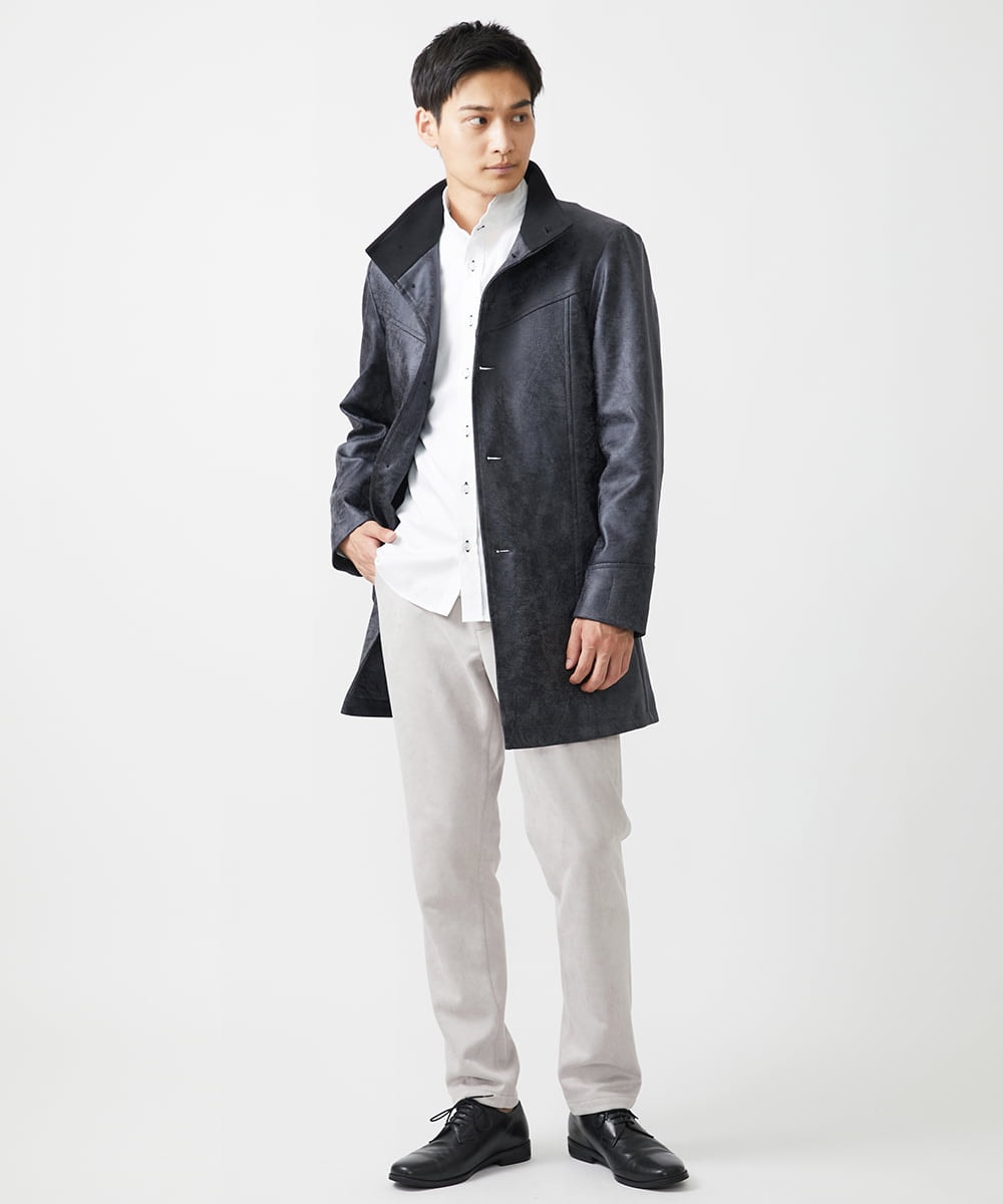 MKUAA61363 MK MICHEL KLEIN HOMME(MKミッシェルクランオム) 【Sサイズのみ！/在庫限り/キルトライナー付き】スタンドコート/TECレザージャージ ブラック