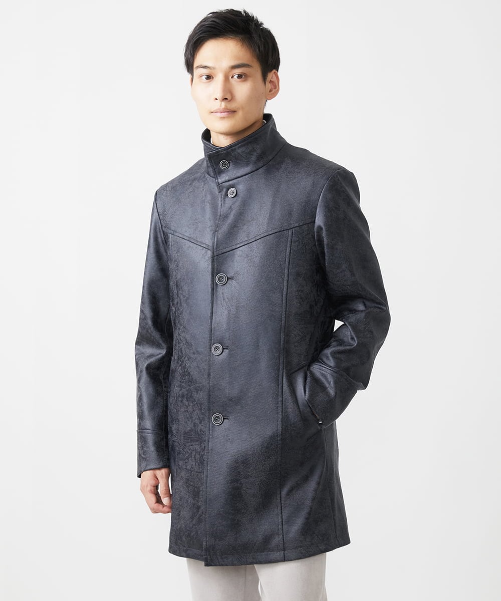 MKUAA61363 MK MICHEL KLEIN HOMME(MKミッシェルクランオム) 【Sサイズのみ！/在庫限り/キルトライナー付き】スタンドコート/TECレザージャージ ブラック