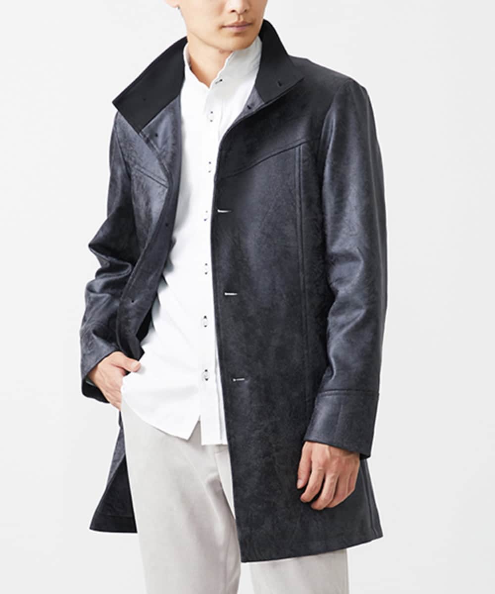 MKUAA61363 MK MICHEL KLEIN HOMME(MKミッシェルクランオム) 【Sサイズのみ！/在庫限り/キルトライナー付き】スタンドコート/TECレザージャージ ブラック