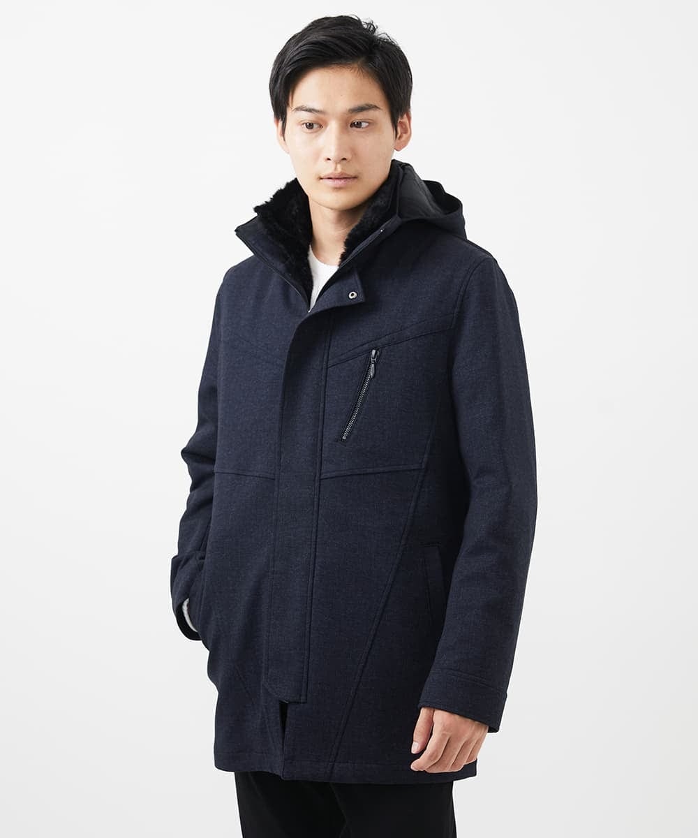 MKUAC11318 MK MICHEL KLEIN HOMME(MKミッシェルクランオム) 【在庫限り!/ 4サイズ/秋冬春兼用/ボア付きライナー】フードスタンドコート / TEC EASY JERSY ネイビー