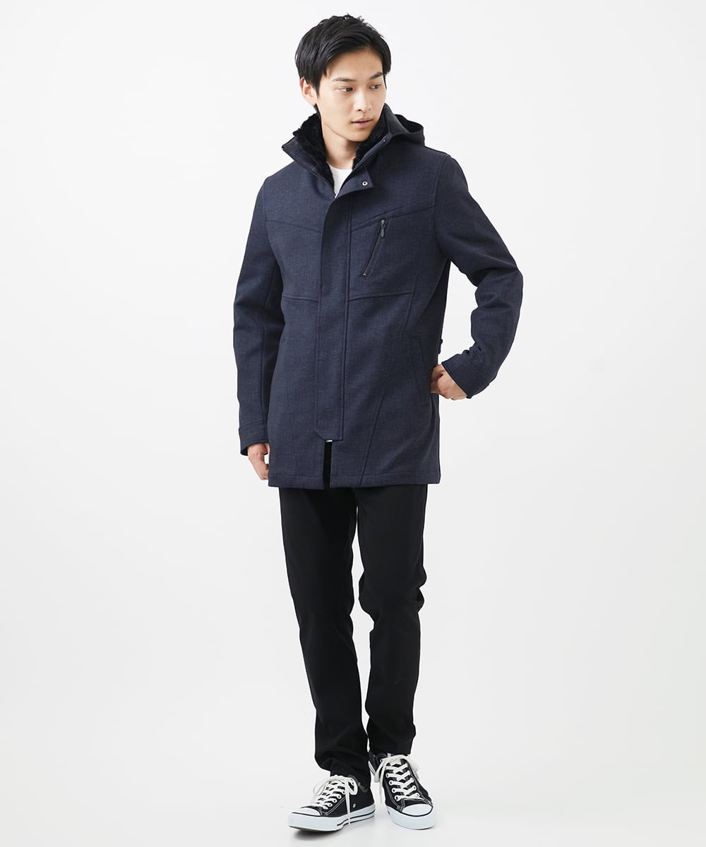 MKUAC11318 MK MICHEL KLEIN HOMME(MKミッシェルクランオム) 【在庫限り!/ 4サイズ/秋冬春兼用/ボア付きライナー】フードスタンドコート / TEC EASY JERSY ネイビー