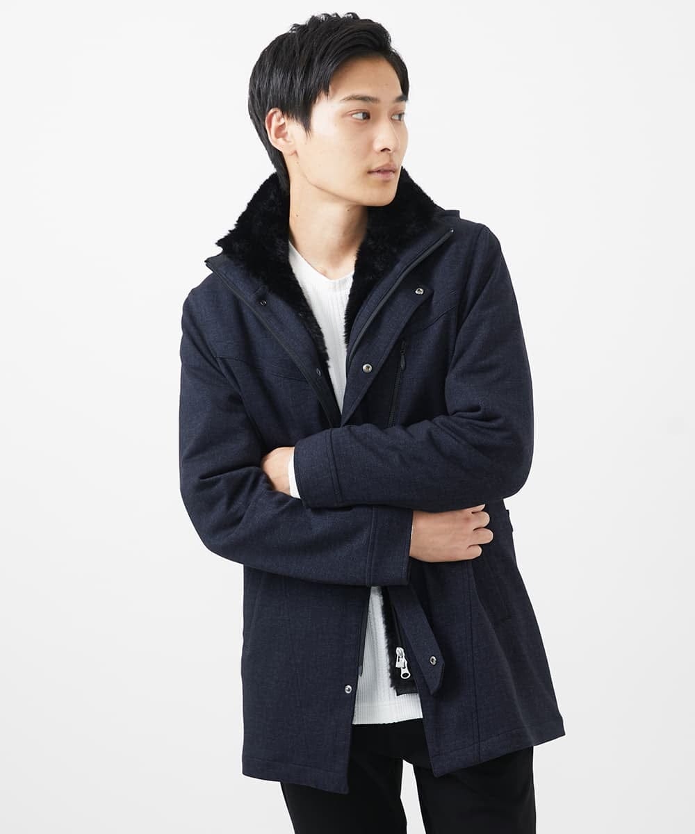 MKUAC11318 MK MICHEL KLEIN HOMME(MKミッシェルクランオム) 【在庫限り!/ 4サイズ/秋冬春兼用/ボア付きライナー】フードスタンドコート / TEC EASY JERSY ネイビー