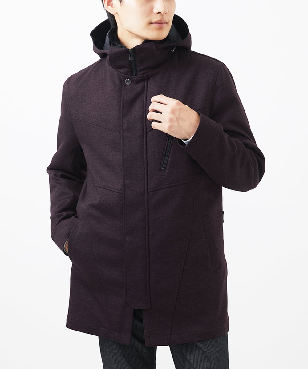 MKUAC11318 MK MICHEL KLEIN HOMME(MKミッシェルクランオム) 【在庫限り!/ 4サイズ/秋冬春兼用/ボア付きライナー】フードスタンドコート / TEC EASY JERSY パープル
