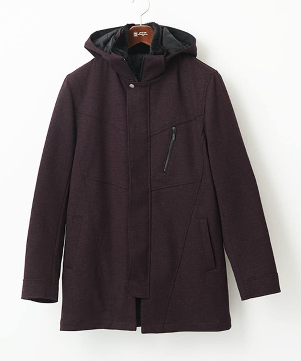 MKUAC11318 MK MICHEL KLEIN HOMME(MKミッシェルクランオム) 【在庫限り!/ 4サイズ/秋冬春兼用/ボア付きライナー】フードスタンドコート / TEC EASY JERSY パープル
