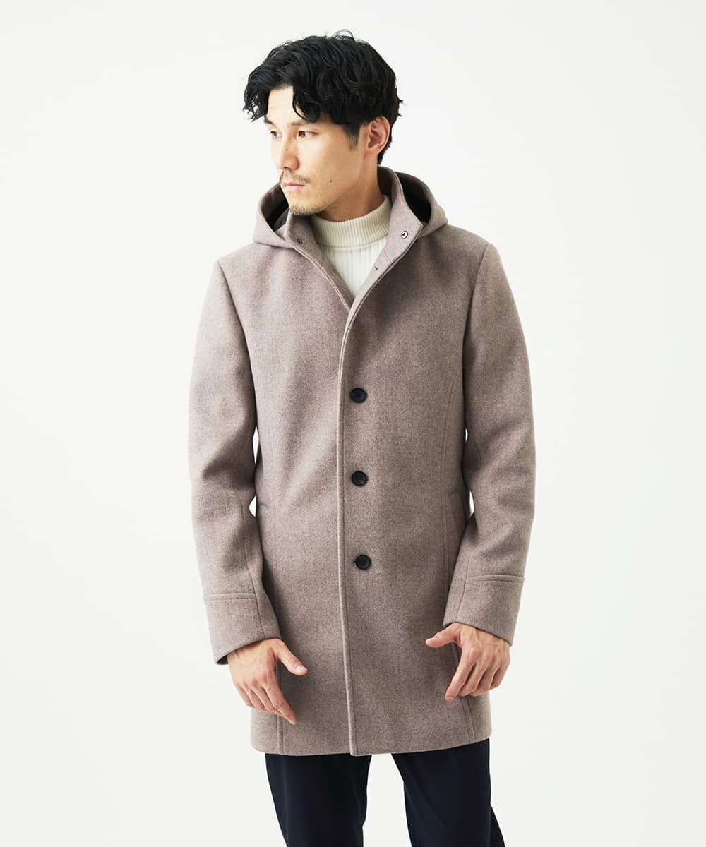 MKUAD65272 MK MICHEL KLEIN HOMME(MKミッシェルクランオム) 【4サイズ展開/フード着脱/ストレッチ】フード付きコート/RETECメルトン  ブラウン