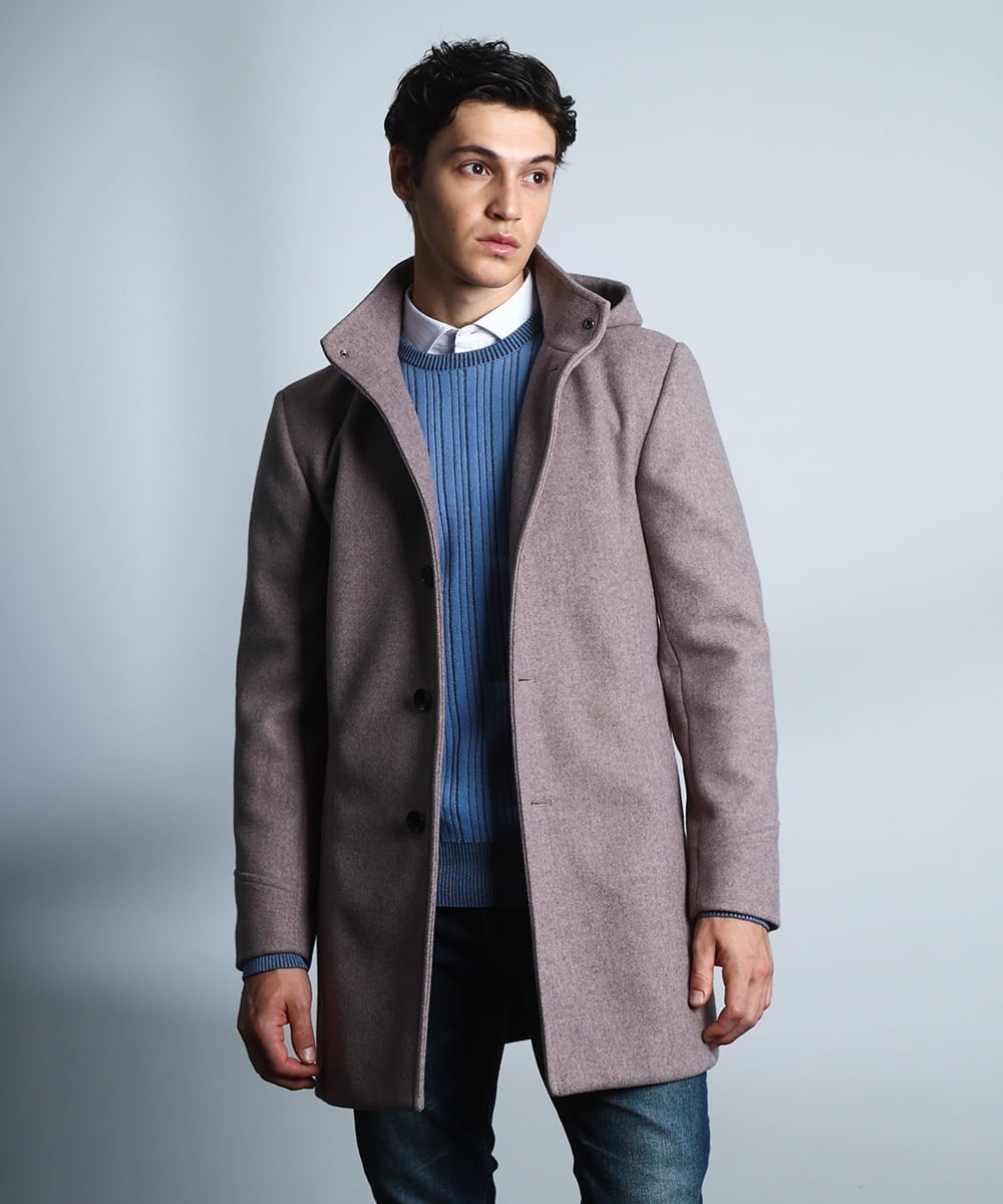 MKUAD65272 MK MICHEL KLEIN HOMME(MKミッシェルクランオム) 【4サイズ展開/フード着脱/ストレッチ】フード付きコート/RETECメルトン  ブラウン