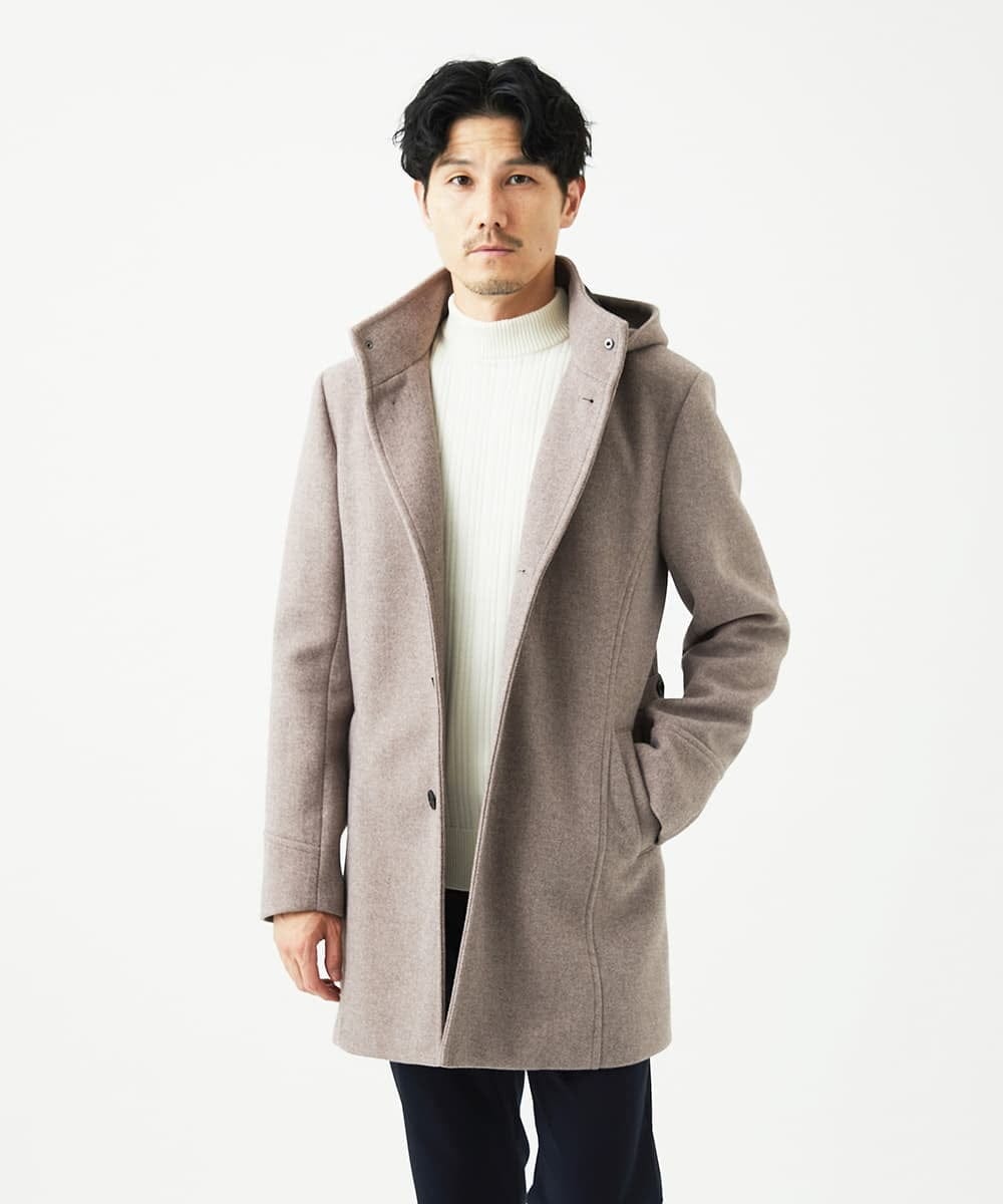 MKUAD65272 MK MICHEL KLEIN HOMME(MKミッシェルクランオム) 【4サイズ展開/フード着脱/ストレッチ】フード付きコート/RETECメルトン  ブラウン