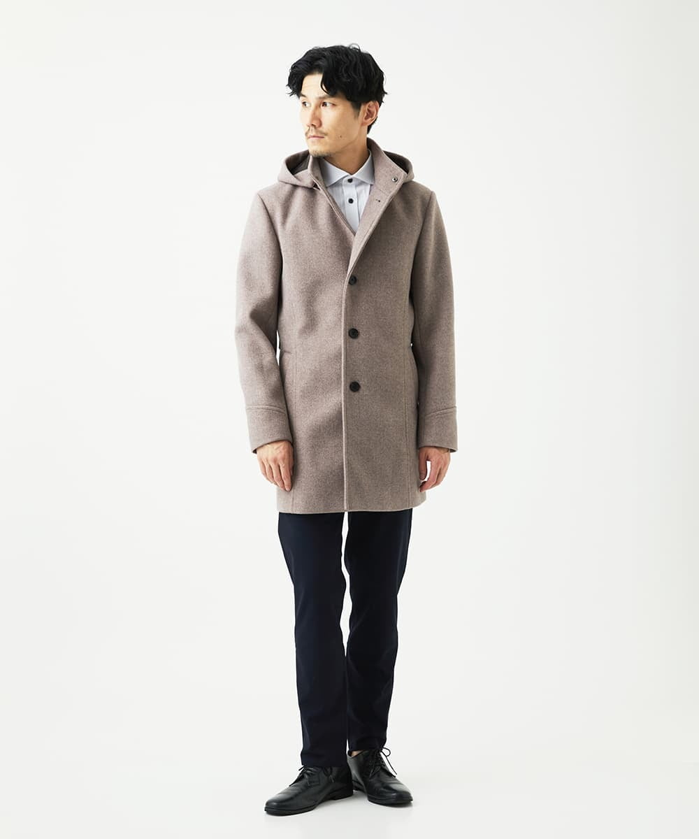 MKUAD65272 MK MICHEL KLEIN HOMME(MKミッシェルクランオム) 【4サイズ展開/フード着脱/ストレッチ】フード付きコート/RETECメルトン  ブラウン