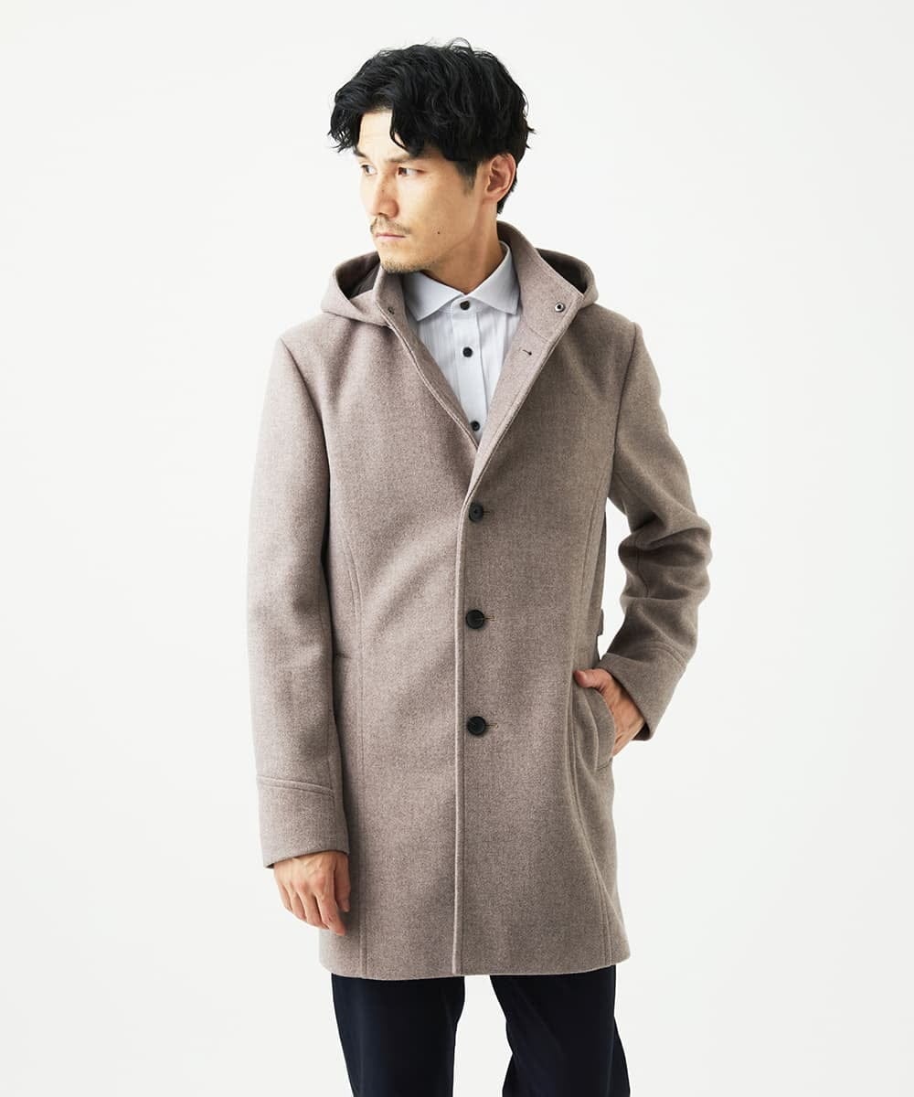 MKUAD65272 MK MICHEL KLEIN HOMME(MKミッシェルクランオム) 【4サイズ展開/フード着脱/ストレッチ】フード付きコート/RETECメルトン  ブラウン