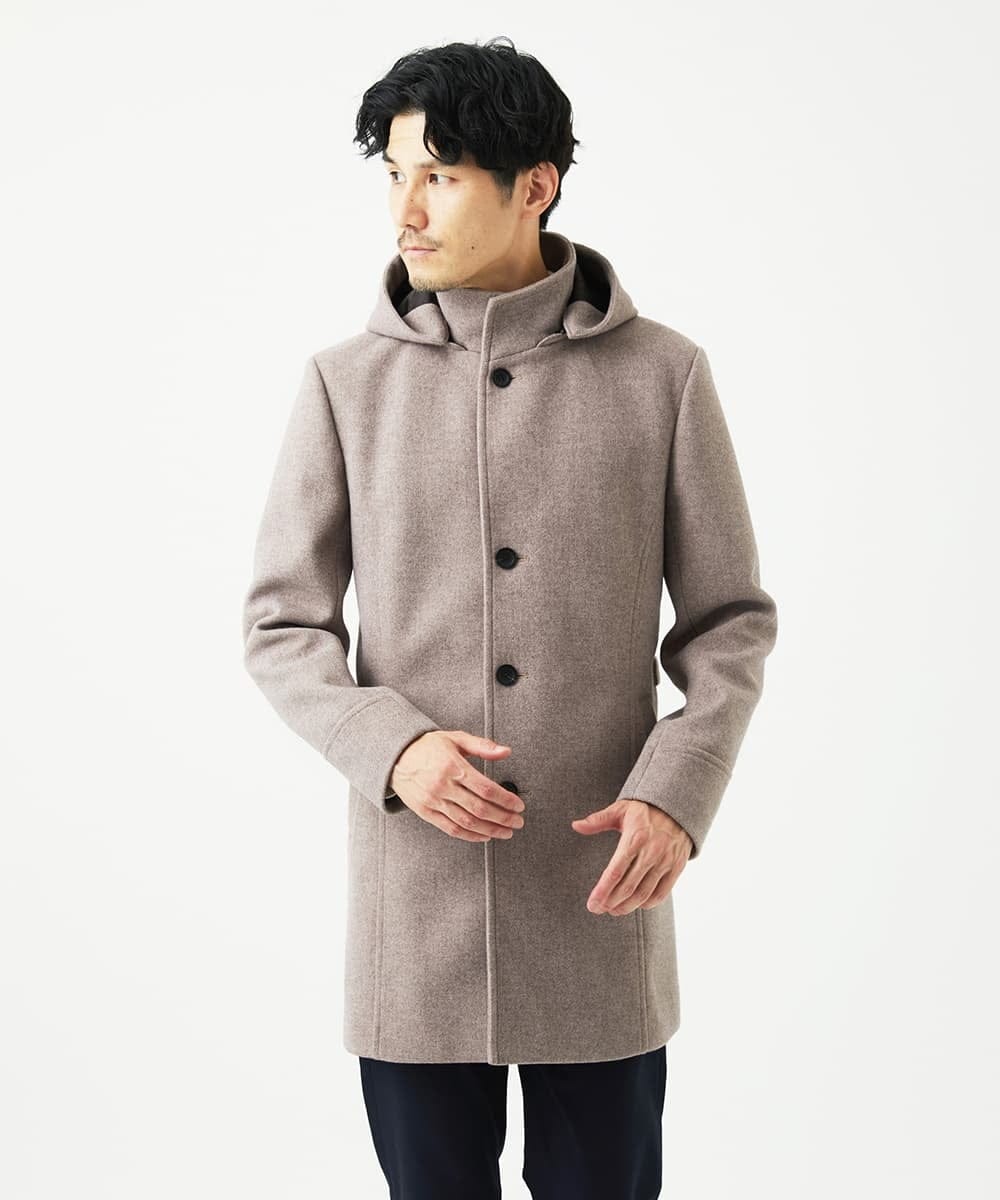 MKUAD65272 MK MICHEL KLEIN HOMME(MKミッシェルクランオム) 【4サイズ展開/フード着脱/ストレッチ】フード付きコート/RETECメルトン  ブラウン