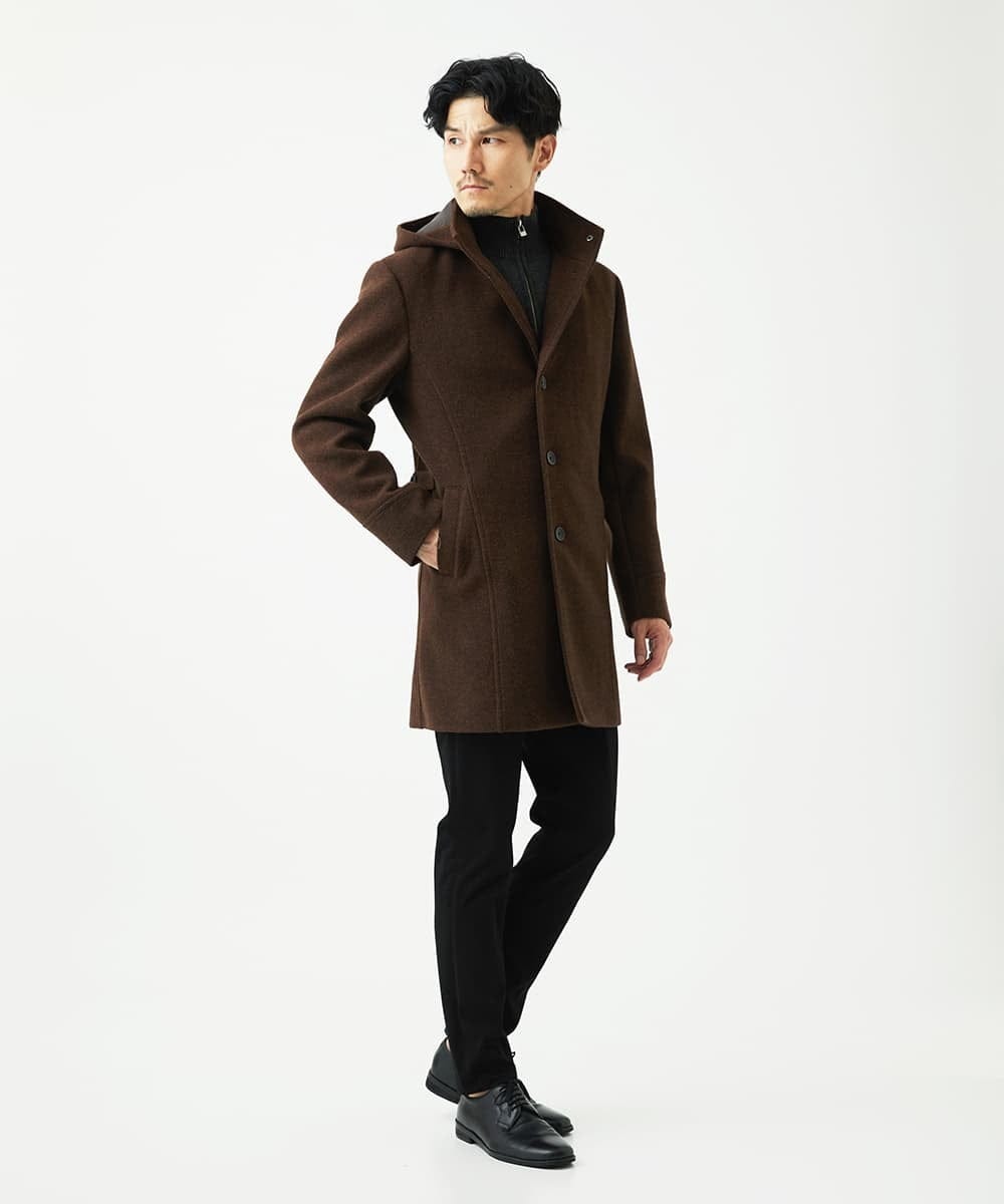 MKUAD65272 MK MICHEL KLEIN HOMME(MKミッシェルクランオム) 【4サイズ展開/フード着脱/ストレッチ】フード付きコート/RETECメルトン  ブラウン