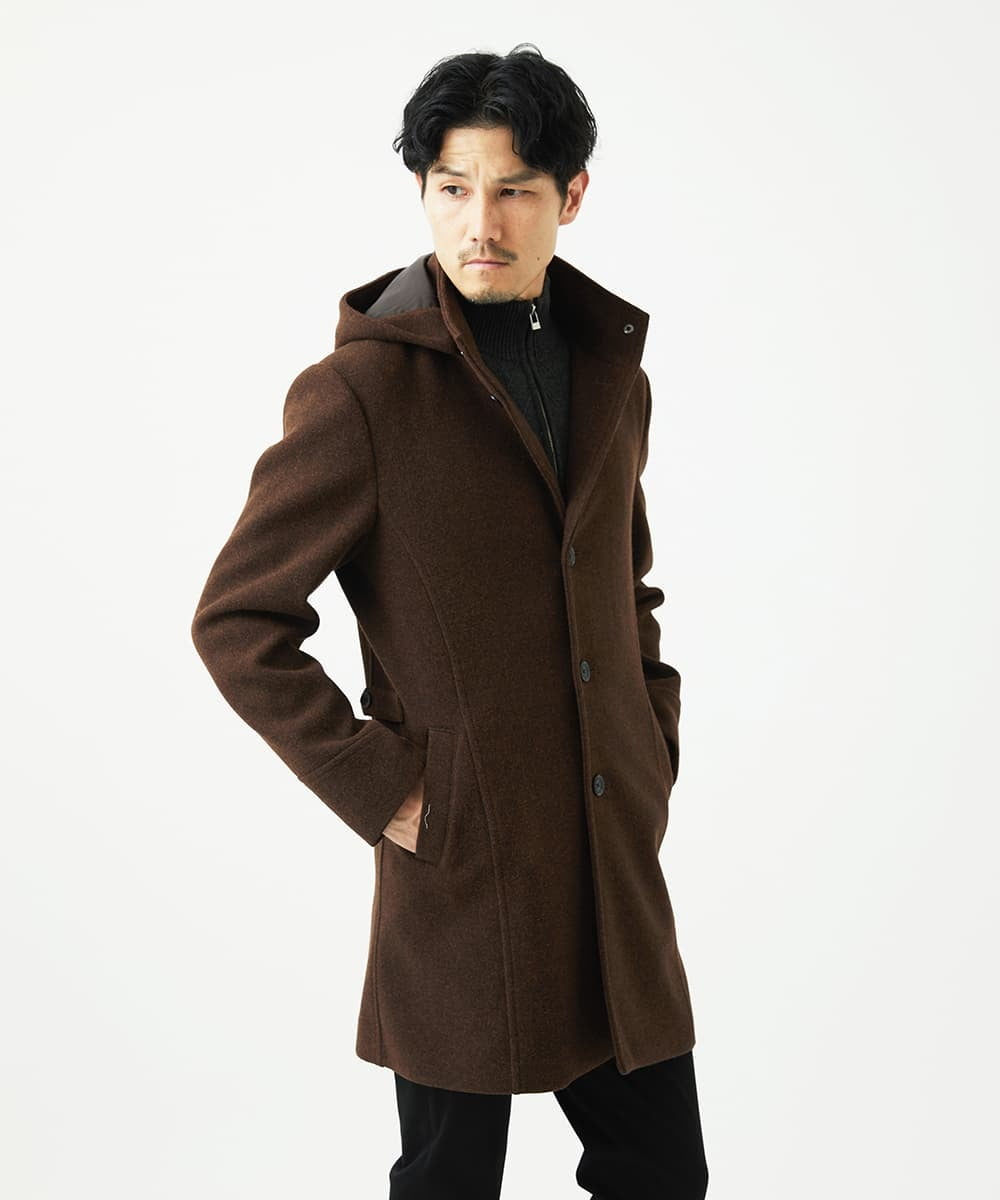 MKUAD65272 MK MICHEL KLEIN HOMME(MKミッシェルクランオム) 【4サイズ展開/フード着脱/ストレッチ】フード付きコート/RETECメルトン  ブラウン