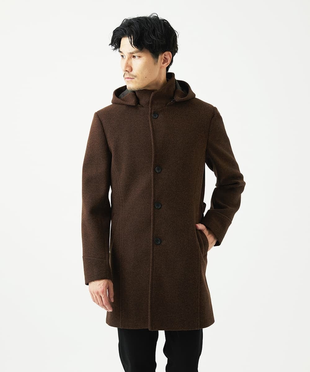 MKUAD65272 MK MICHEL KLEIN HOMME(MKミッシェルクランオム) 【4サイズ展開/フード着脱/ストレッチ】フード付きコート/RETECメルトン  ブラウン