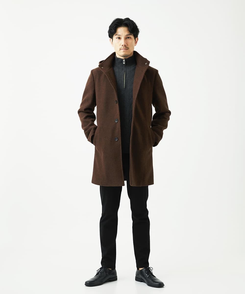 MKUAD65272 MK MICHEL KLEIN HOMME(MKミッシェルクランオム) 【4サイズ展開/フード着脱/ストレッチ】フード付きコート/RETECメルトン  ブラウン