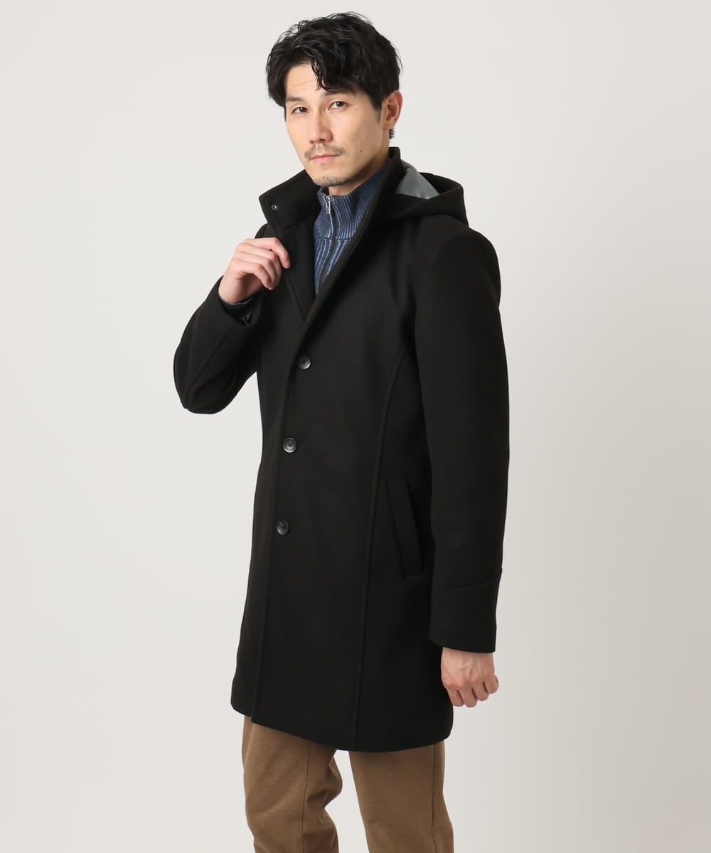 MKUAD65272 MK MICHEL KLEIN HOMME(MKミッシェルクランオム) 【4サイズ展開/フード着脱/ストレッチ】フード付きコート/RETECメルトン  ブラック