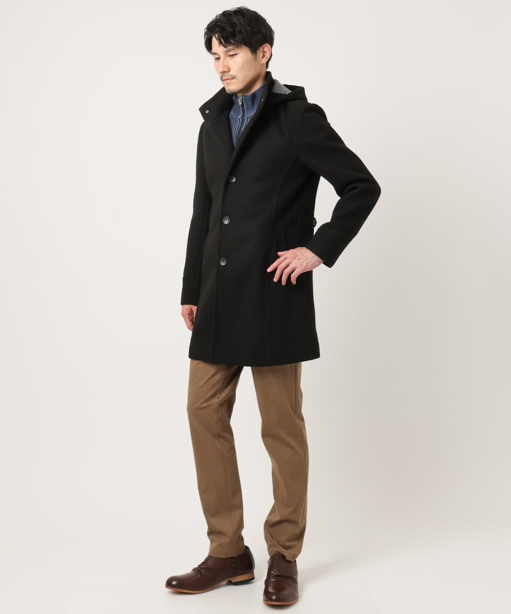 MKUAD65272 MK MICHEL KLEIN HOMME(MKミッシェルクランオム) 【4サイズ展開/フード着脱/ストレッチ】フード付きコート/RETECメルトン  ブラック