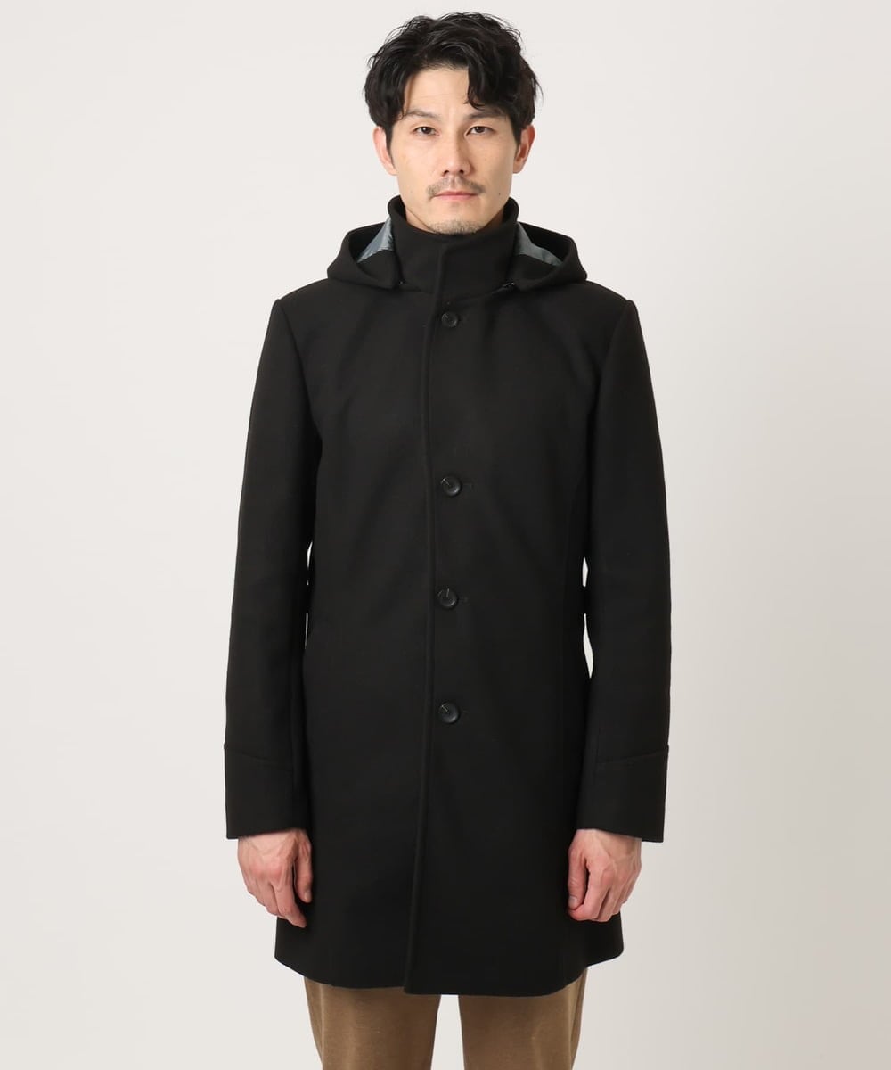 MKUAD65272 MK MICHEL KLEIN HOMME(MKミッシェルクランオム) 【4サイズ展開/フード着脱/ストレッチ】フード付きコート/RETECメルトン  ブラック