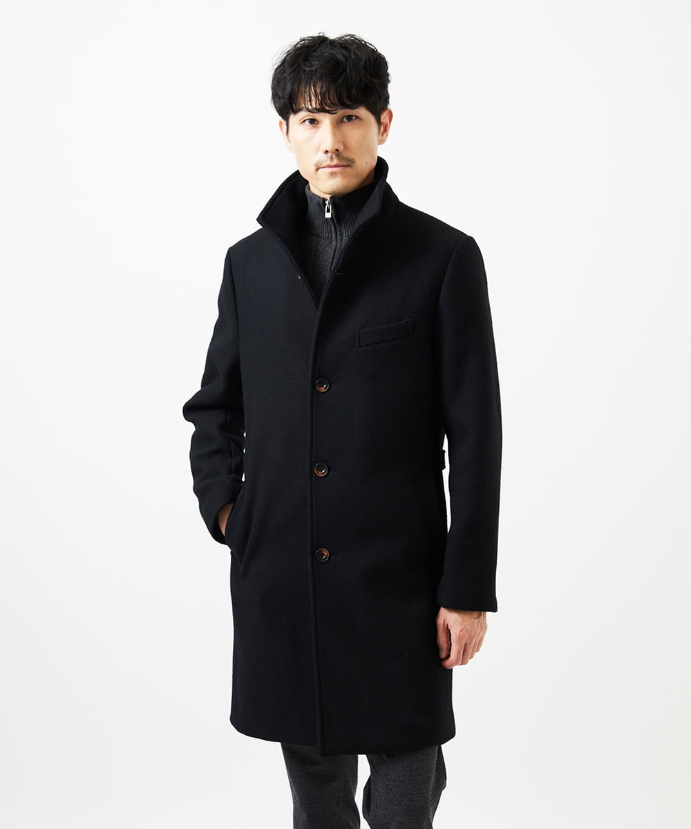 MKUAD72450 MK MICHEL KLEIN HOMME(MKミッシェルクランオム) 【残りわずか/尾州生地/ウール混】RENEWOOLドビー / スタンドカラーコート ブラック