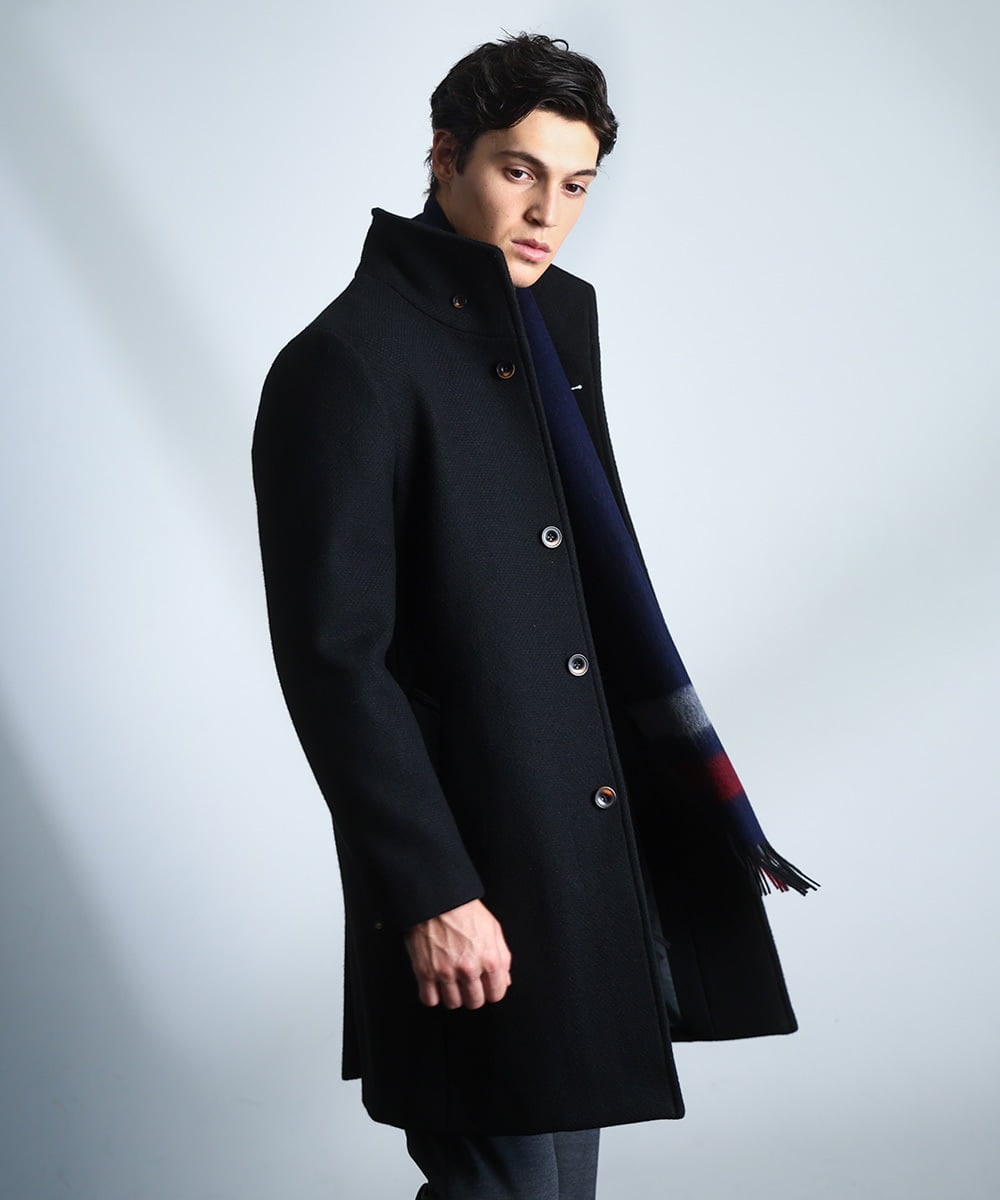 MKUAD72450 MK MICHEL KLEIN HOMME(MKミッシェルクランオム) 【残りわずか/尾州生地/ウール混】RENEWOOLドビー / スタンドカラーコート ブラック