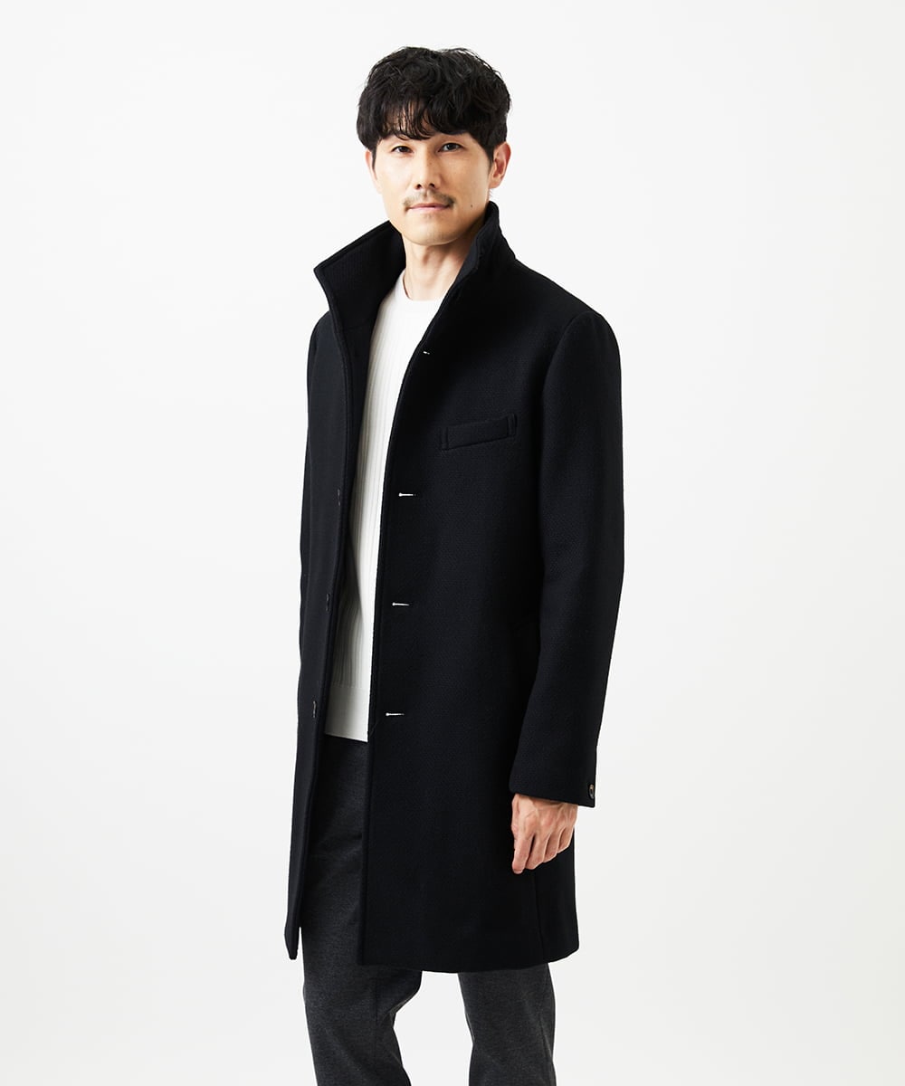 MKUAD72450 MK MICHEL KLEIN HOMME(MKミッシェルクランオム) 【残りわずか/尾州生地/ウール混】RENEWOOLドビー / スタンドカラーコート ブラック