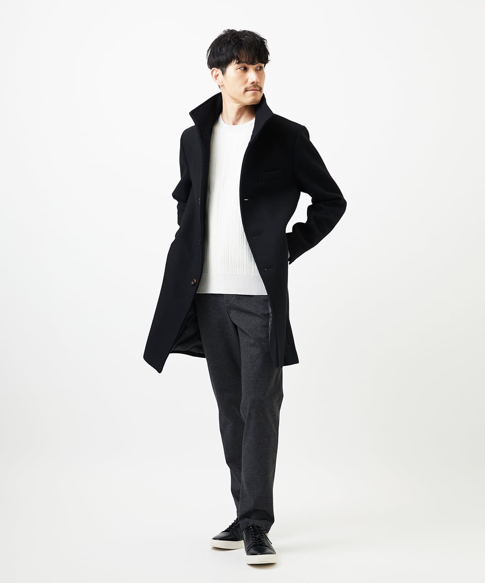 MKUAD72450 MK MICHEL KLEIN HOMME(MKミッシェルクランオム) 【残りわずか/尾州生地/ウール混】RENEWOOLドビー / スタンドカラーコート ブラック