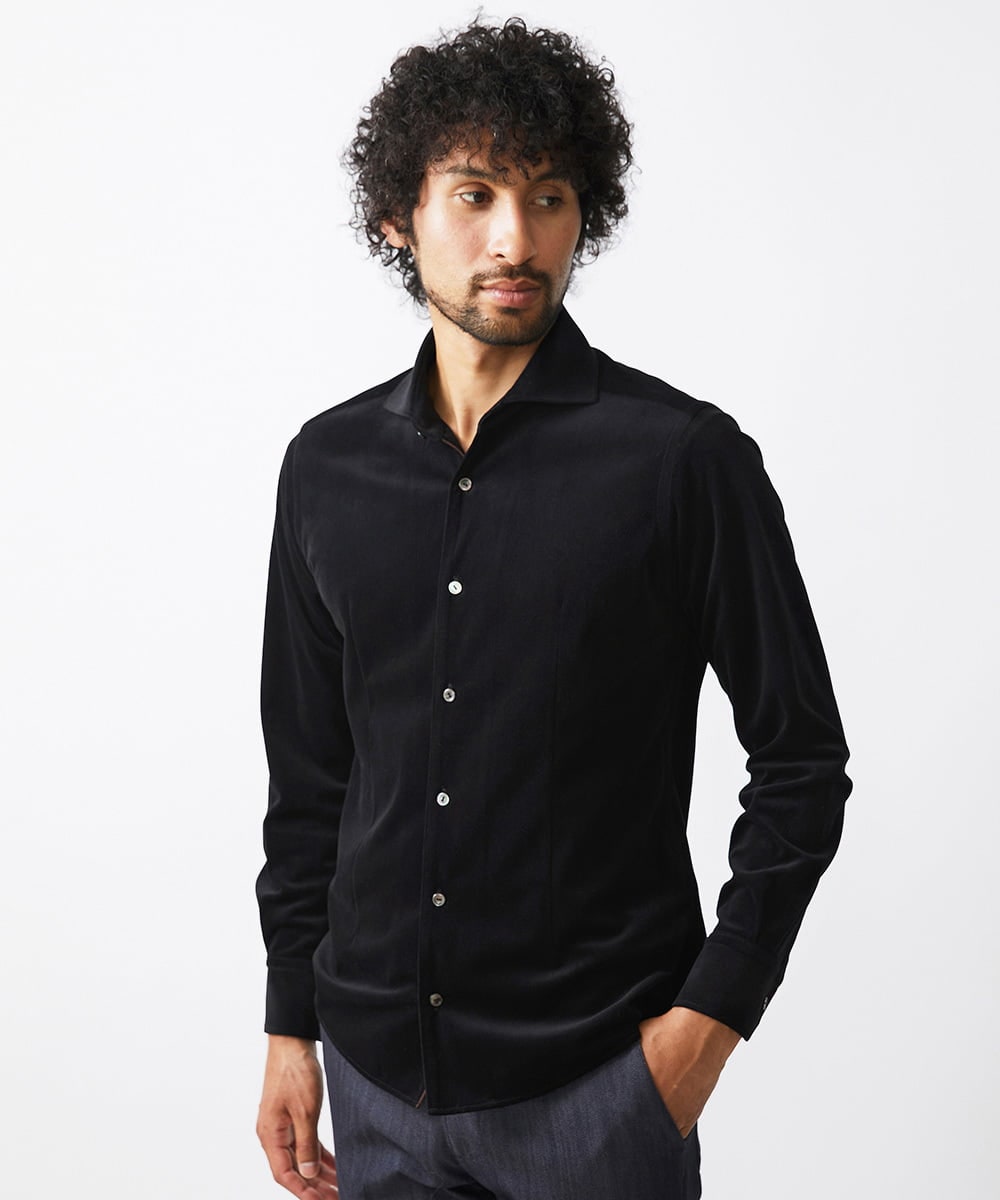 MNBAA56230 MICHEL KLEIN HOMME(ミッシェルクラン オム) トリコットベロア長袖シャツ セットアップ ブラック