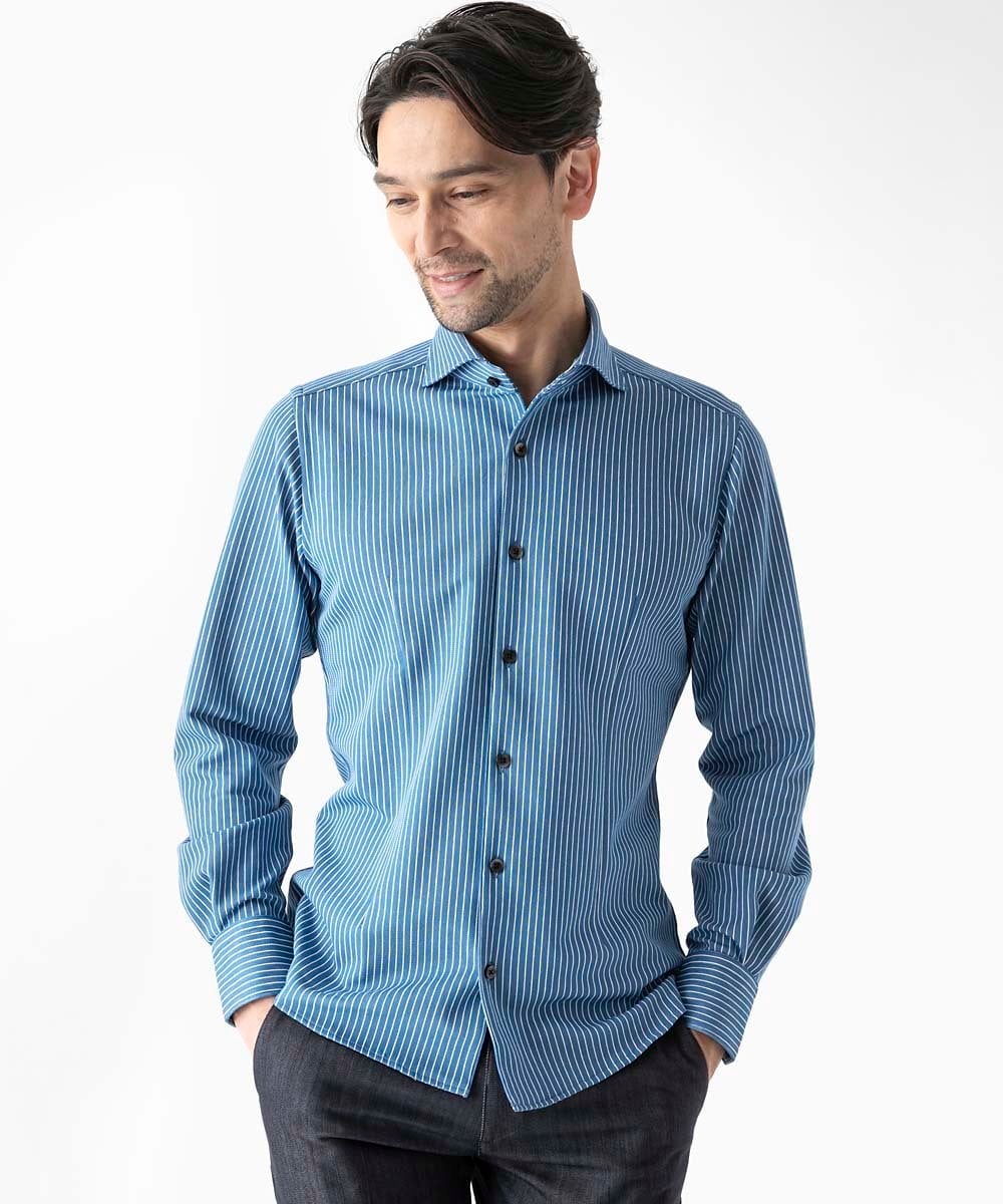 MNBAF55210 MICHEL KLEIN HOMME(ミッシェルクラン オム) 《日本製》ストライプ柄ジャージ長袖シャツ ブルー