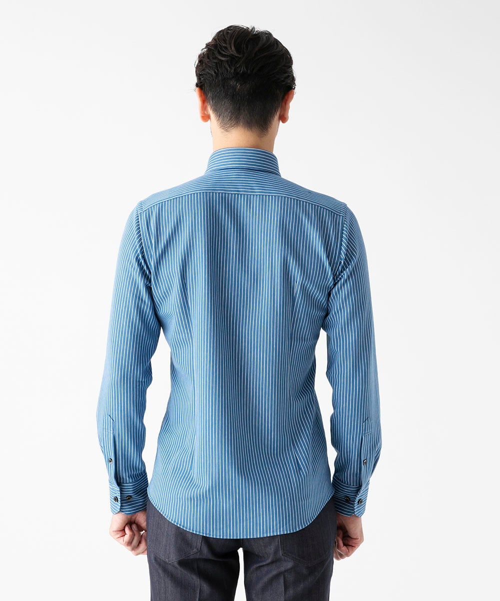 MNBAF55210 MICHEL KLEIN HOMME(ミッシェルクラン オム) 《日本製》ストライプ柄ジャージ長袖シャツ ブルー
