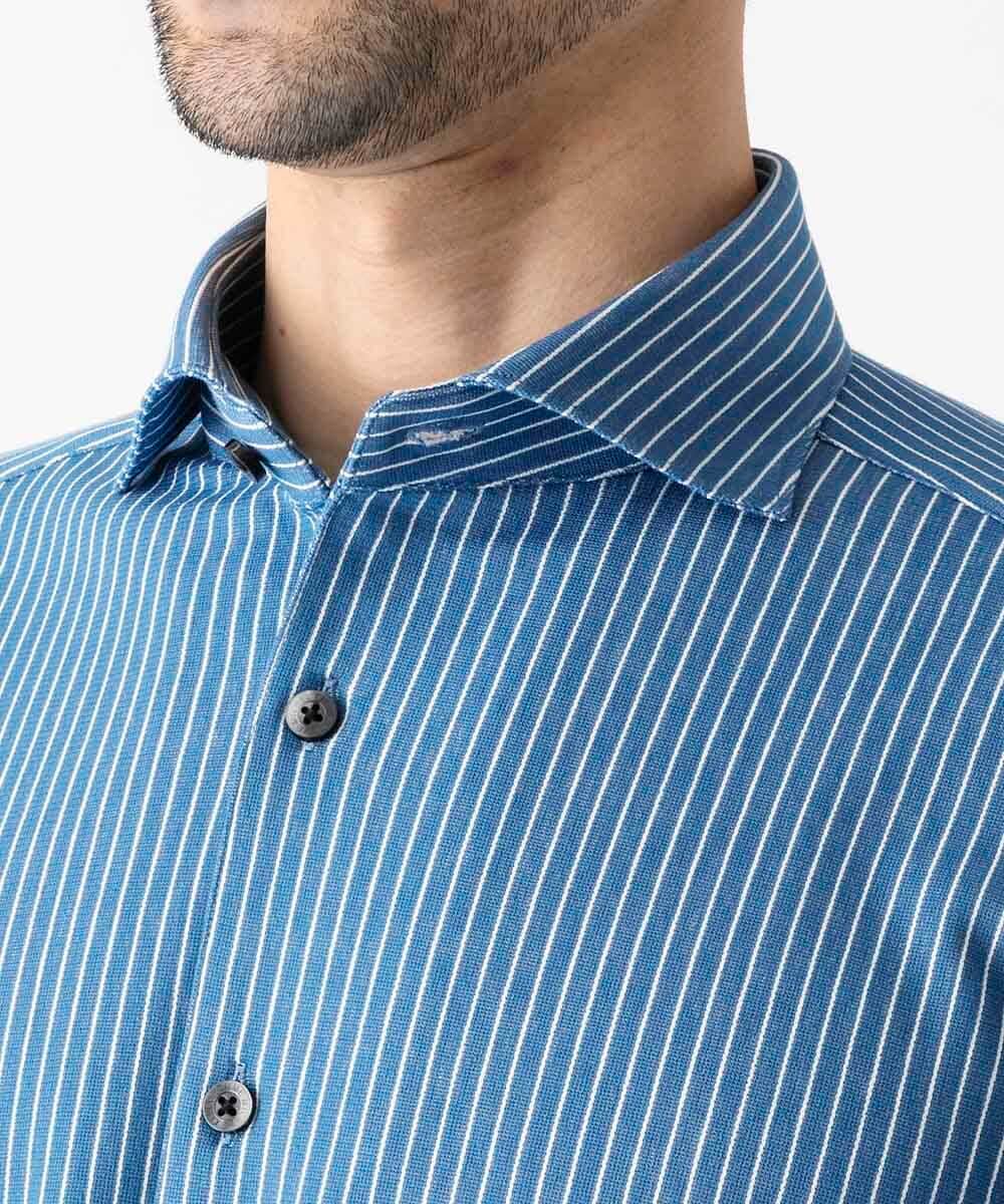 MNBAF55210 MICHEL KLEIN HOMME(ミッシェルクラン オム) 《日本製》ストライプ柄ジャージ長袖シャツ ブルー