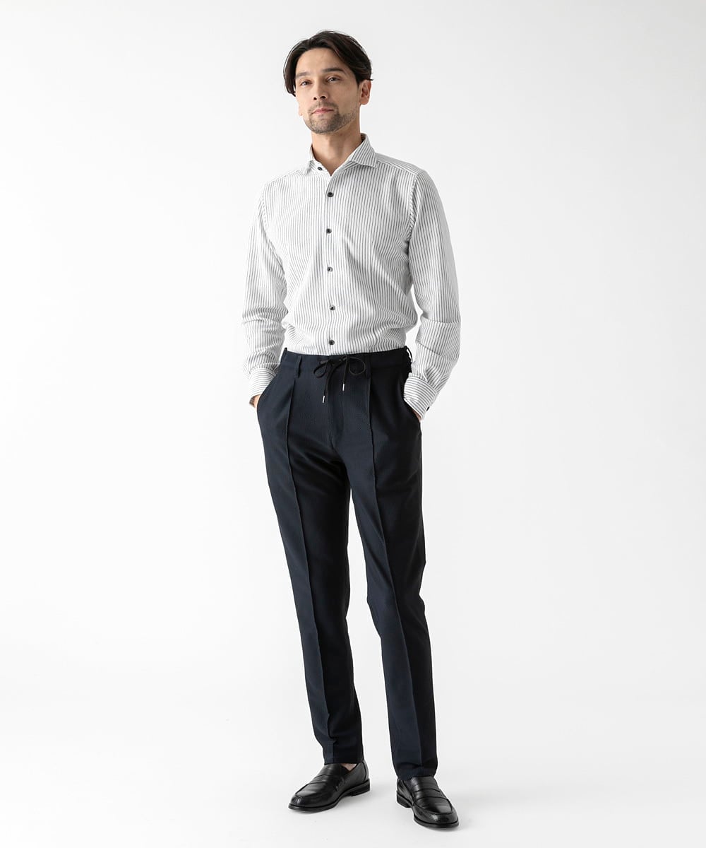 MNBAF55210 MICHEL KLEIN HOMME(ミッシェルクラン オム) 《日本製》ストライプ柄ジャージ長袖シャツ ホワイト