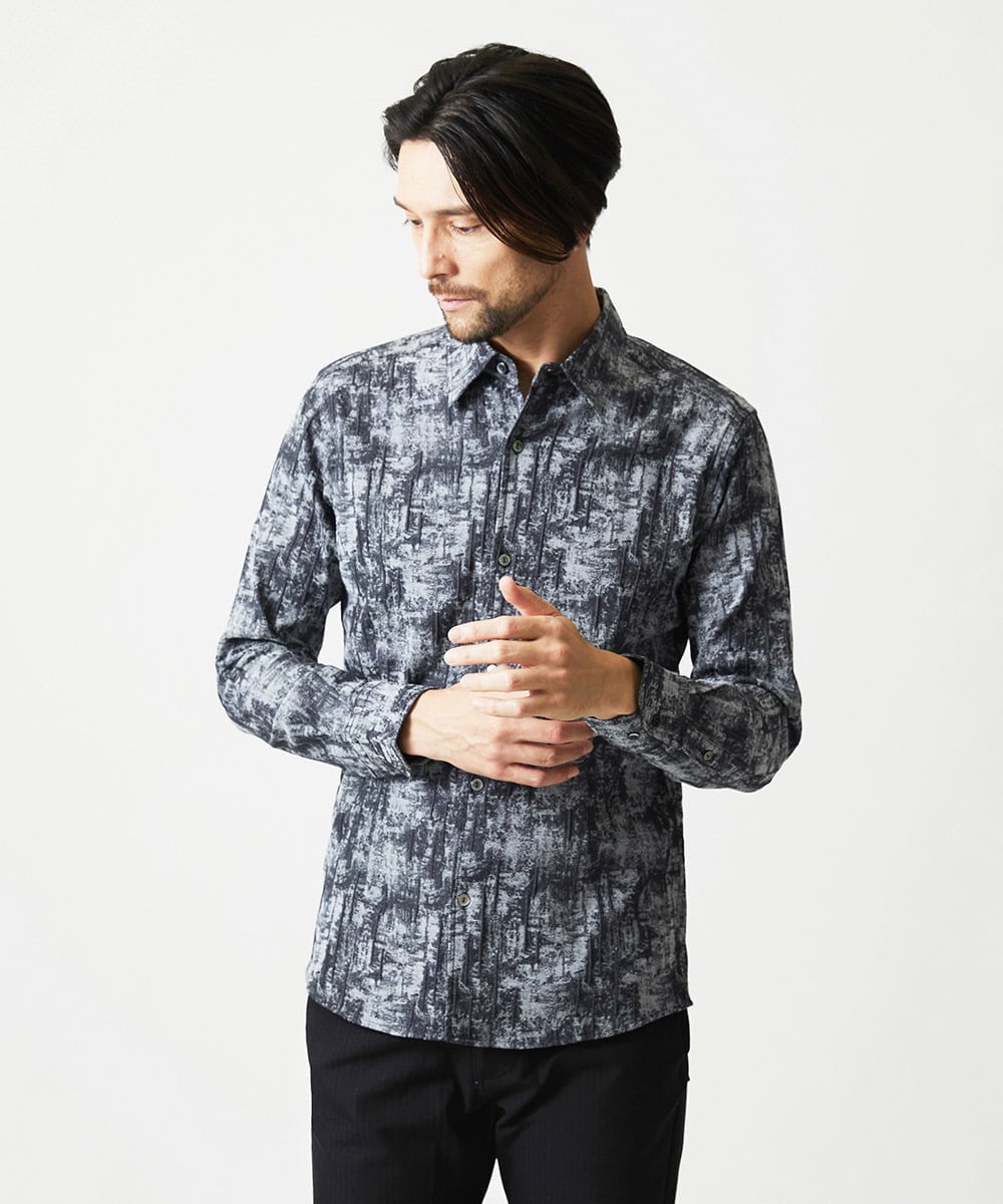 MNBAI63270 MICHEL KLEIN HOMME(ミッシェルクラン オム) 総柄タック入り長袖シャツ グレー
