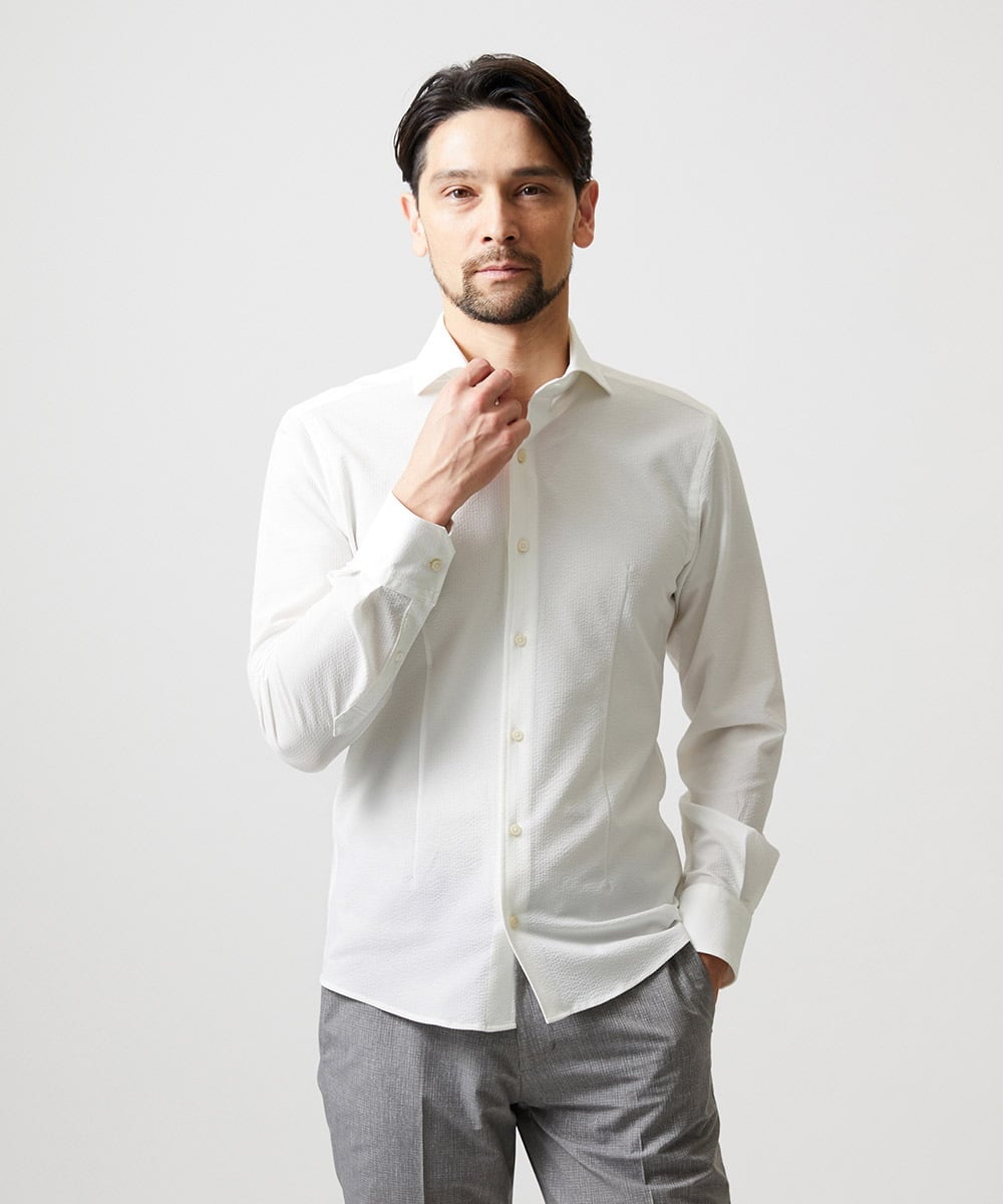 MNBGF56210 MICHEL KLEIN HOMME(ミッシェルクラン オム) ストレッチサッカー長袖シャツ ホワイト