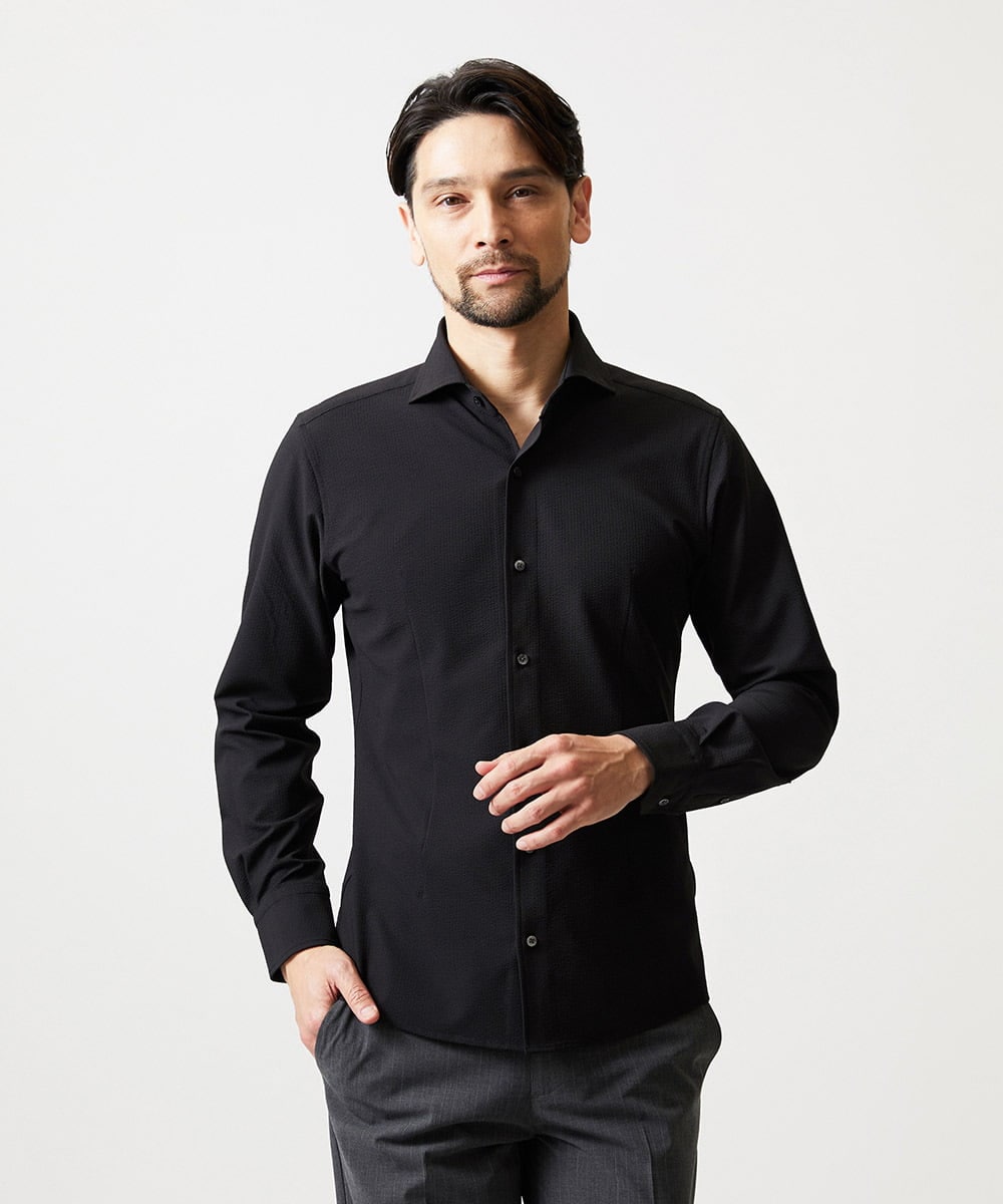 MNBGF56210 MICHEL KLEIN HOMME(ミッシェルクラン オム) ストレッチサッカー長袖シャツ ブラック