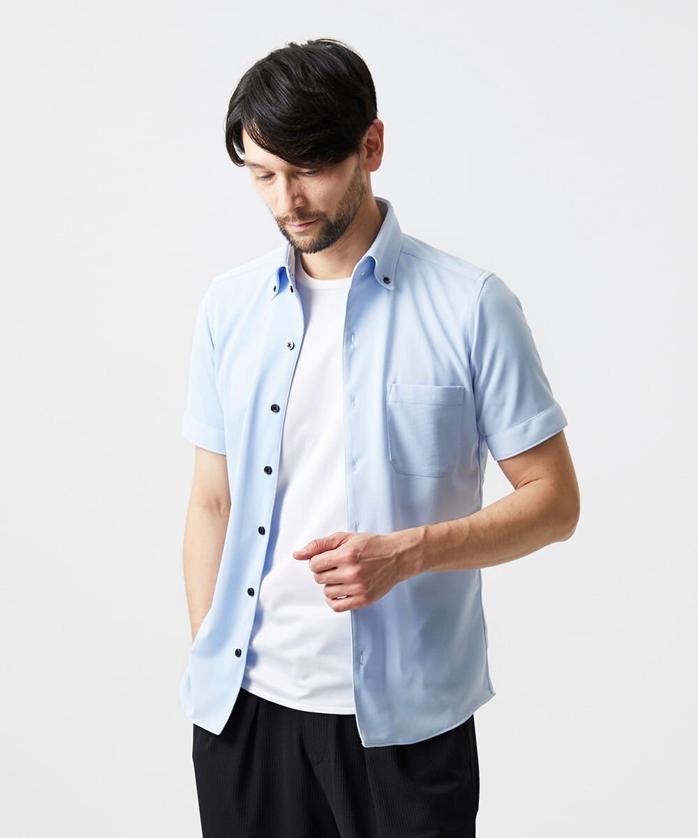 MNBHF64180 MICHEL KLEIN HOMME(ミッシェルクラン オム) 《日本製》イージーケアボタンダウン半袖シャツ ライトブルー