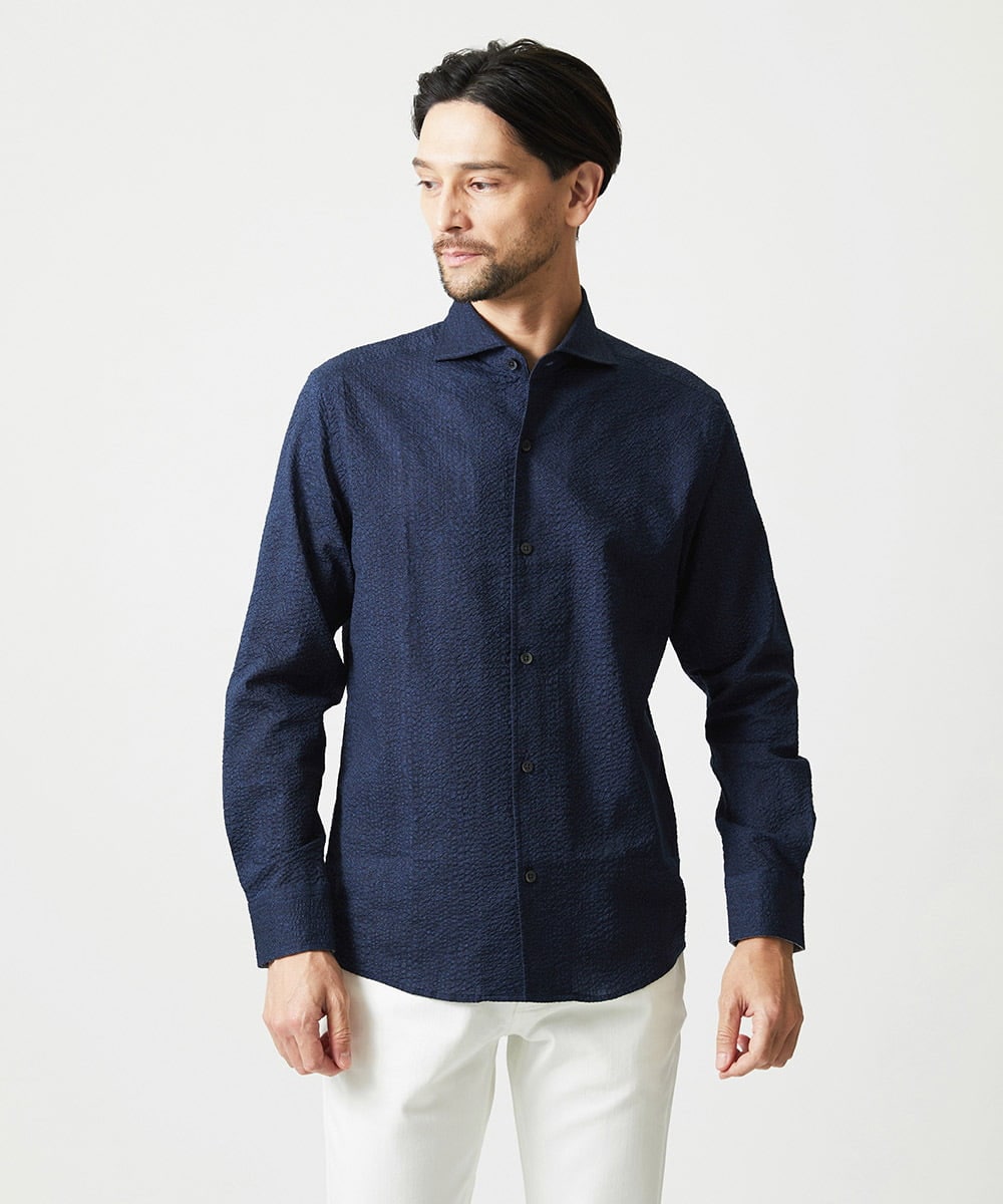 MNBJD53230 MICHEL KLEIN HOMME(ミッシェルクラン オム) コットンウェーブ長袖シャツ ネイビー